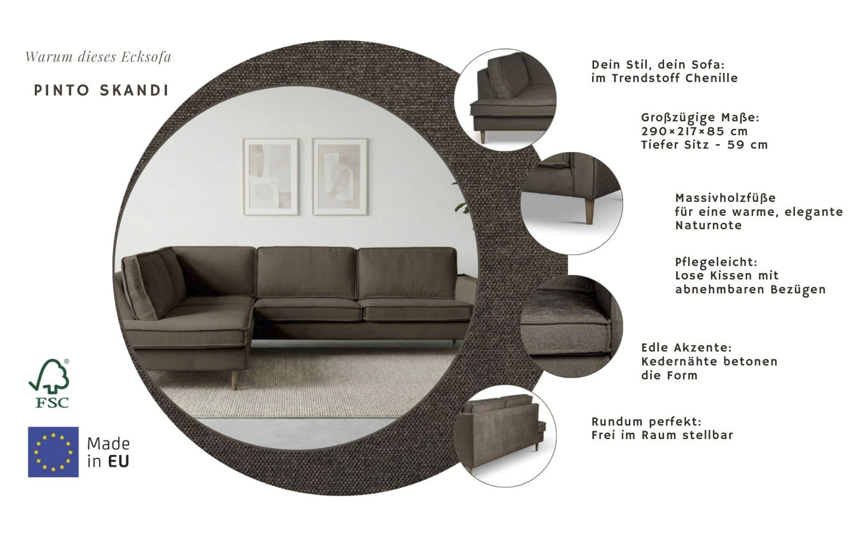 Thumbnail - Home affaire Ecksofa "Pinto Skandi, 290 cm, Chenille, Struktur, Ottomane links / rechts" mit Keder, Massivholzfüße Eiche...