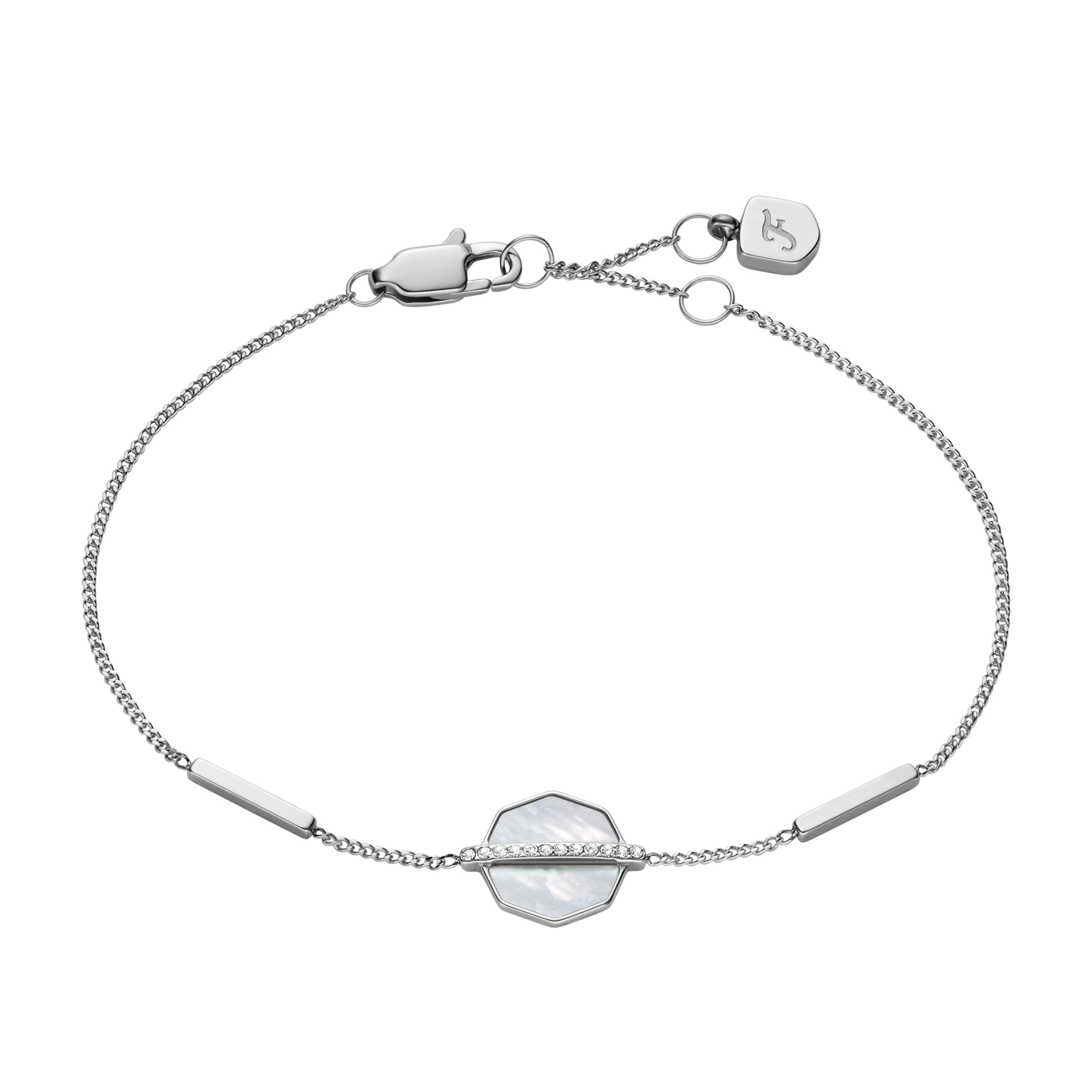 Armband FOSSIL "Schmuck Geschenk Edelstahl JEWELRY", weiß (edelstahlfarben, kristallweiß, kristallweiß), Armbänder, Damen, 19cm, Edelstahl Perlen, Edelstahl, Perlen, Armband, mit Glasstein - mit Perlmutt 3