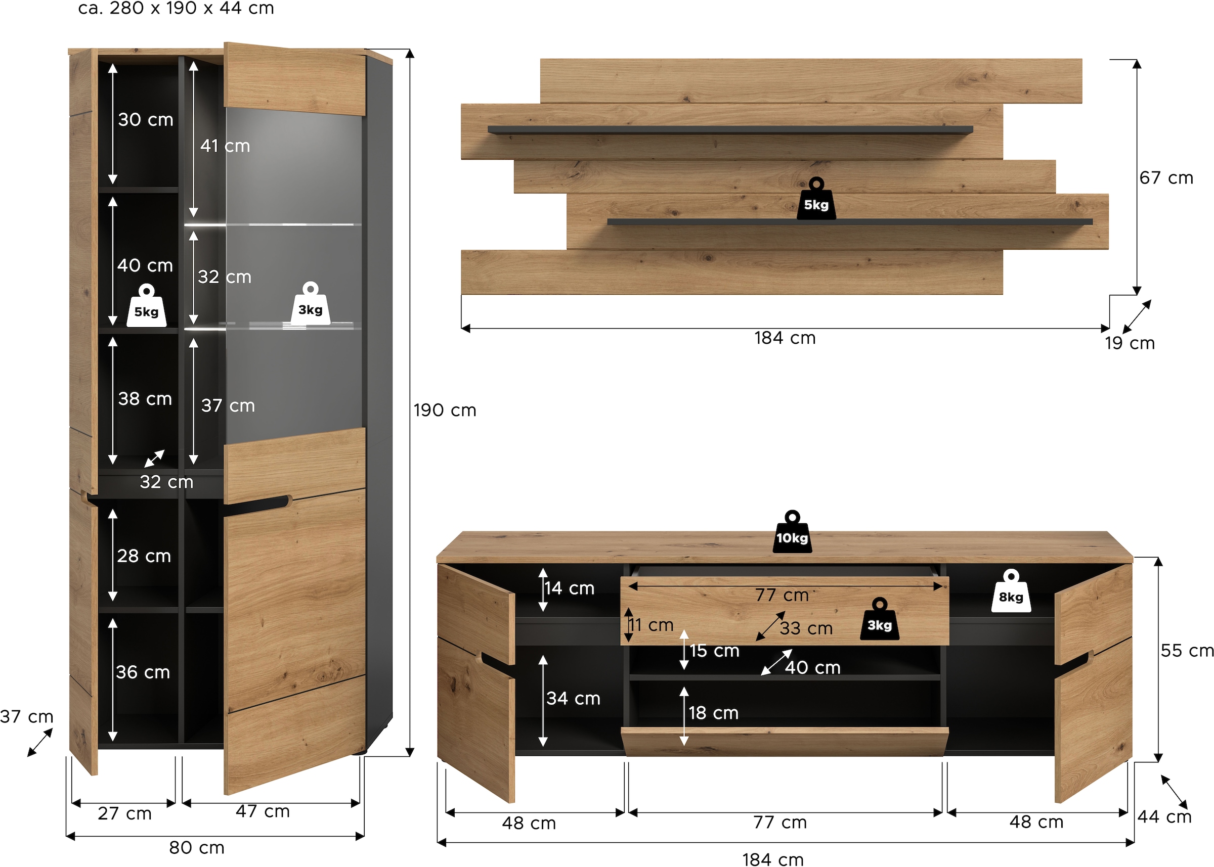 INOSIGN Wohnwand »REHAT, TOPSELLER!, 3-teilig, Breite 280 cm, inklusive Beleuchtung«, (5 St., Set inkl. Beleuchtung, bestehend aus: Vitrine, Lowboard und Wandboard), Kombination, Anbauwand, Set, Wohn-Set, Wohnzimmer-Set, Schrankwand