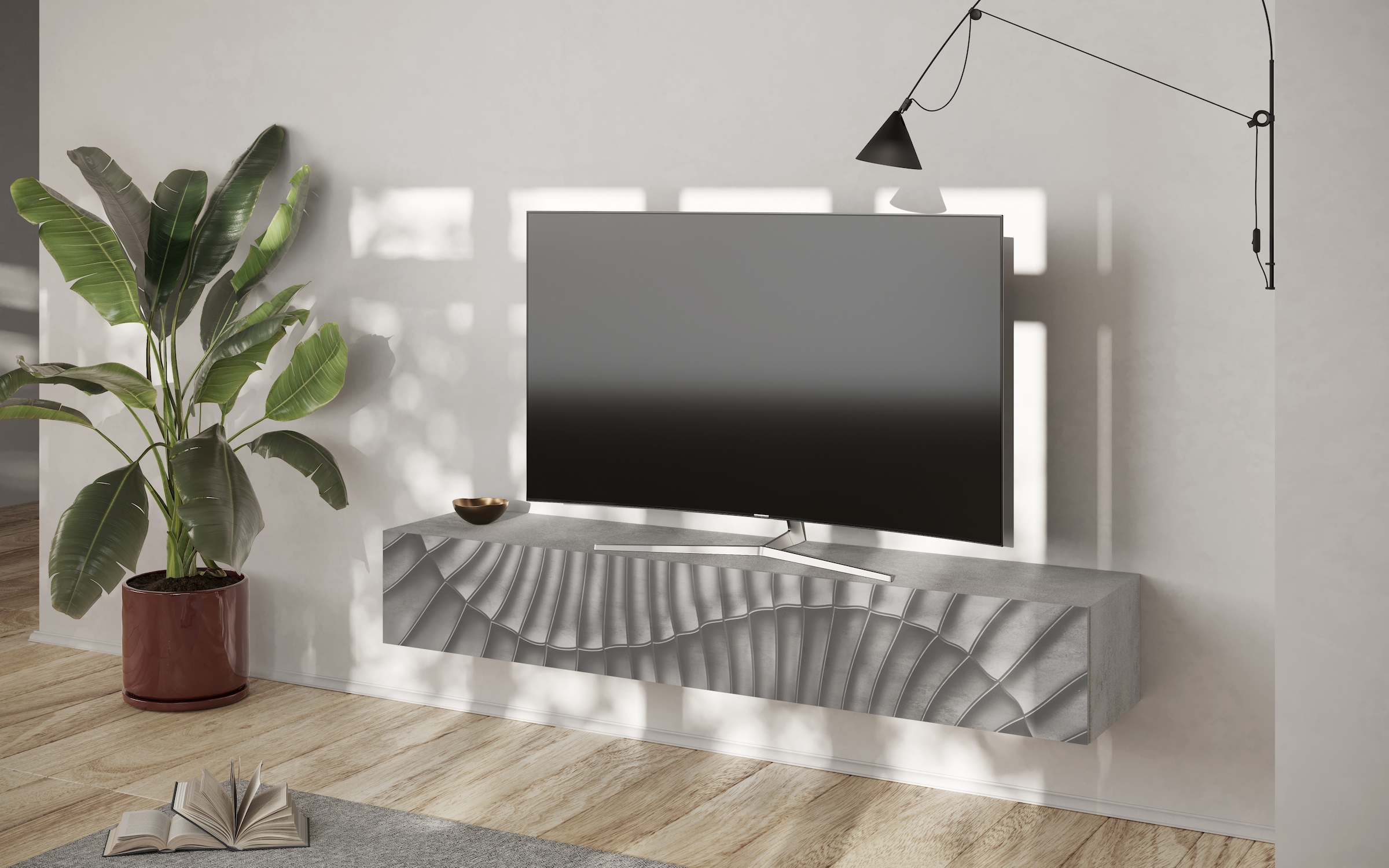 INOSIGN Lowboard "Snake Breite 180 cm, modernes TV-Board hängend mit 1 Klappe,", TV-Möbel, TV-Schrank, Front mit Siebdru