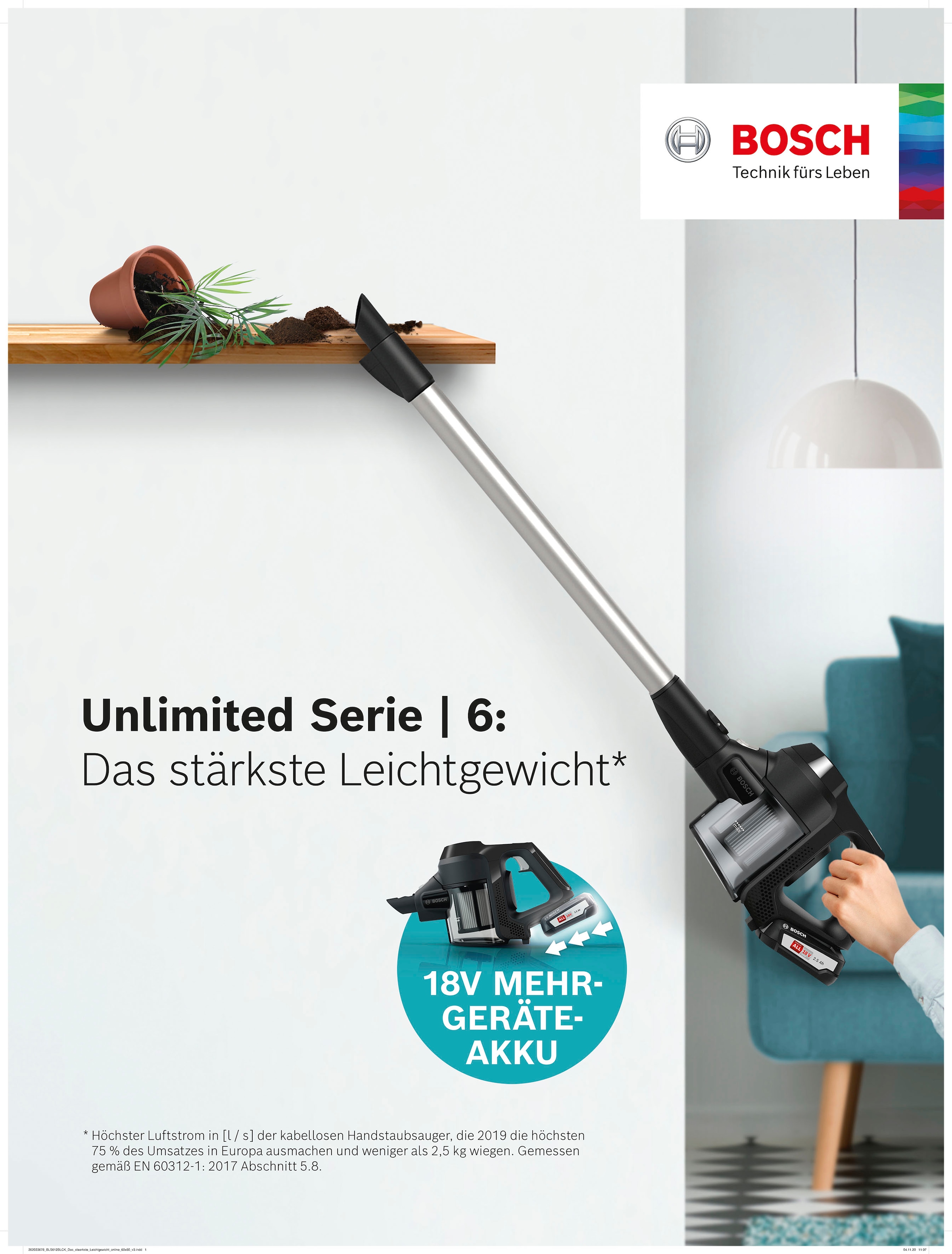 BOSCH Akku-Stielstaubsauger »Unlimited 6 BKS6111P, Hygiene-Filter, 10 Jahre Motorgarantie, leicht«, Akku wechselbar, alle Bodenarten, hohe Saugkraft, lange Laufzeit, blau