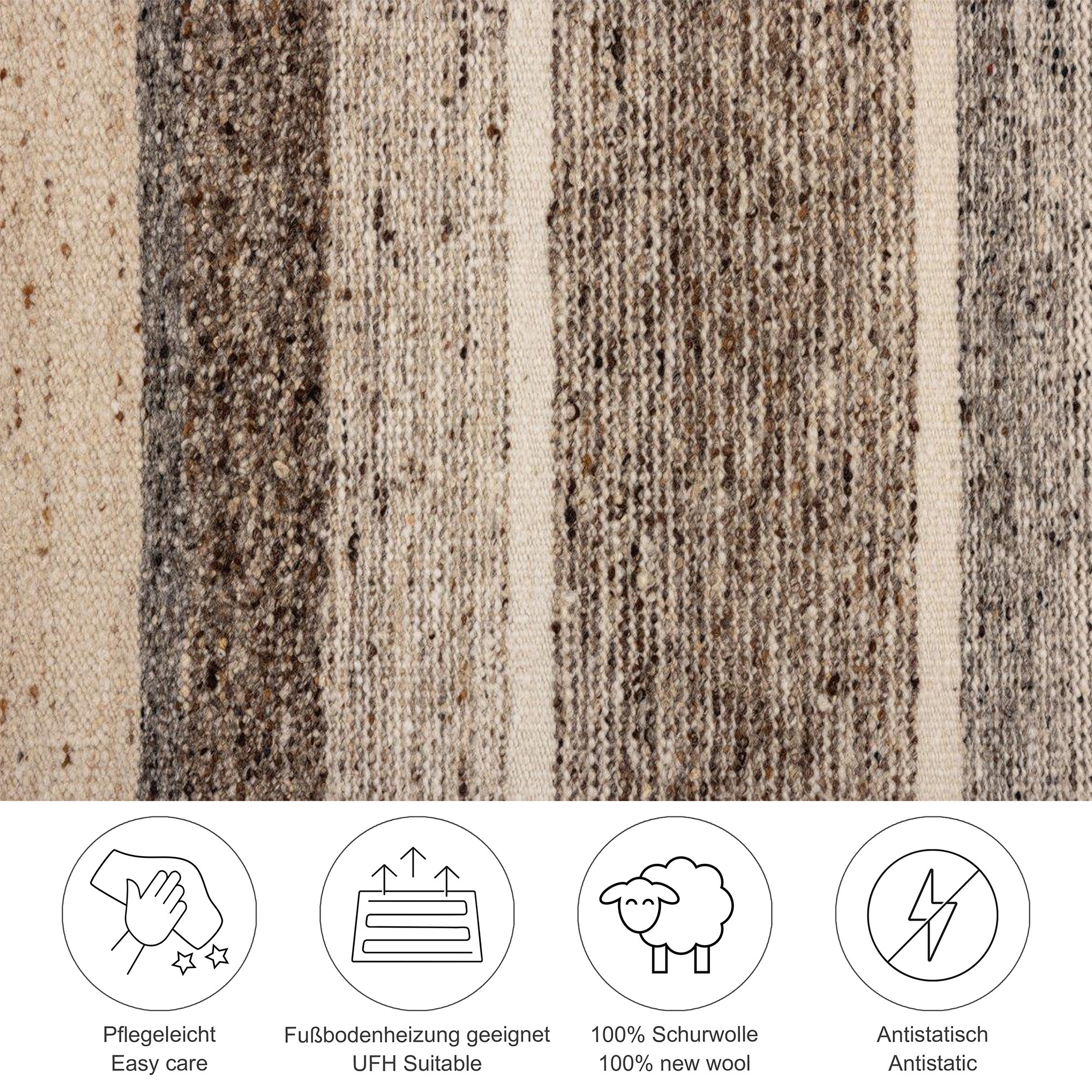 Thumbnail - THEKO Wollteppich "Ehrwald TK-155" rechteckig 12 mm Höhe Wendeteppich, besonders flach, reine Wolle, handgewebt, gestrei...