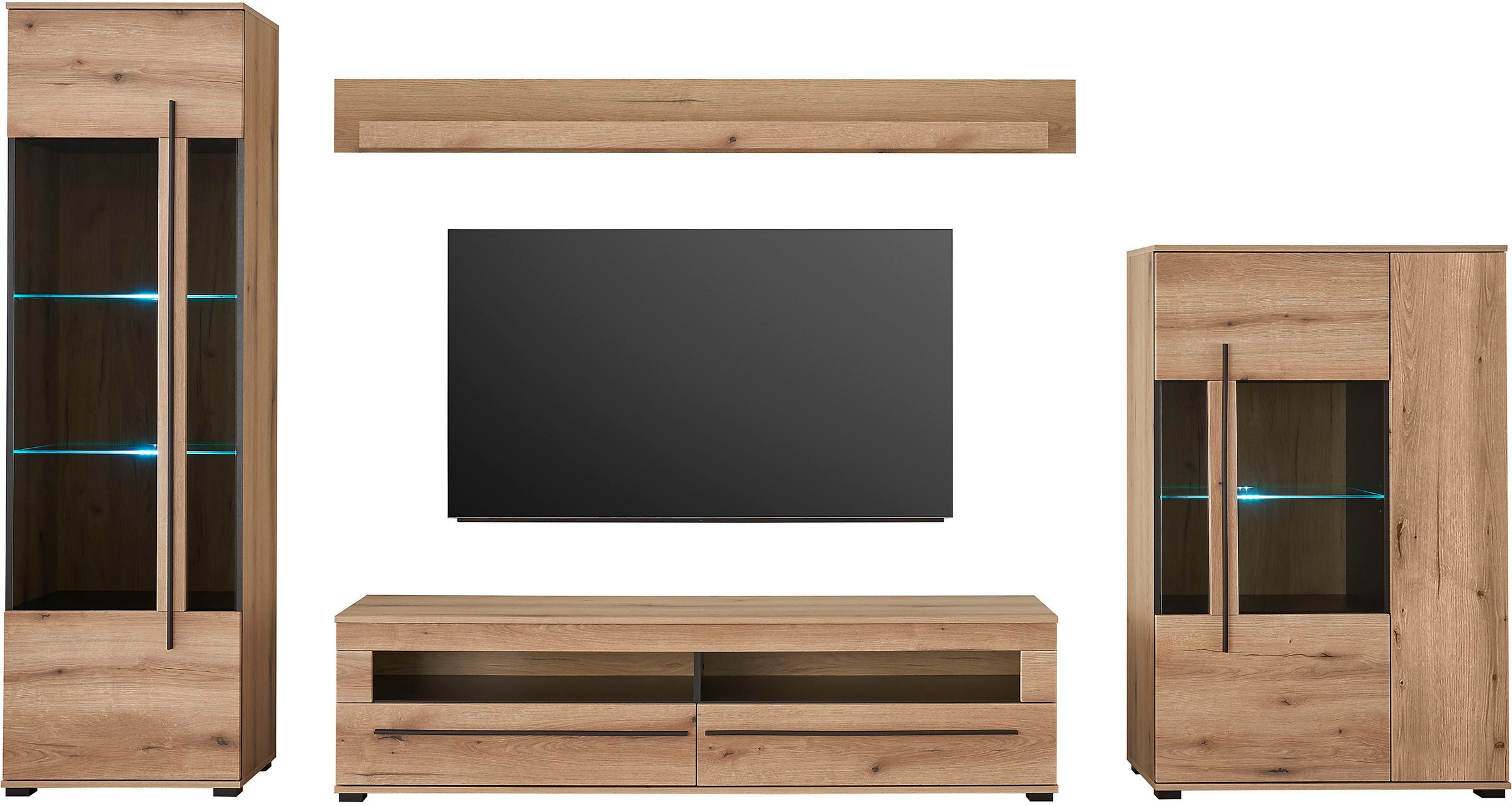 INOSIGN Wohnwand »Cantara, moderne Anbauwand, Wohnzimmer-Set, in Eiche Evoke oder Weiß«, (Set, 4 St.), enthält zwei Vitrinen, ein Lowboard und ein Wandboard