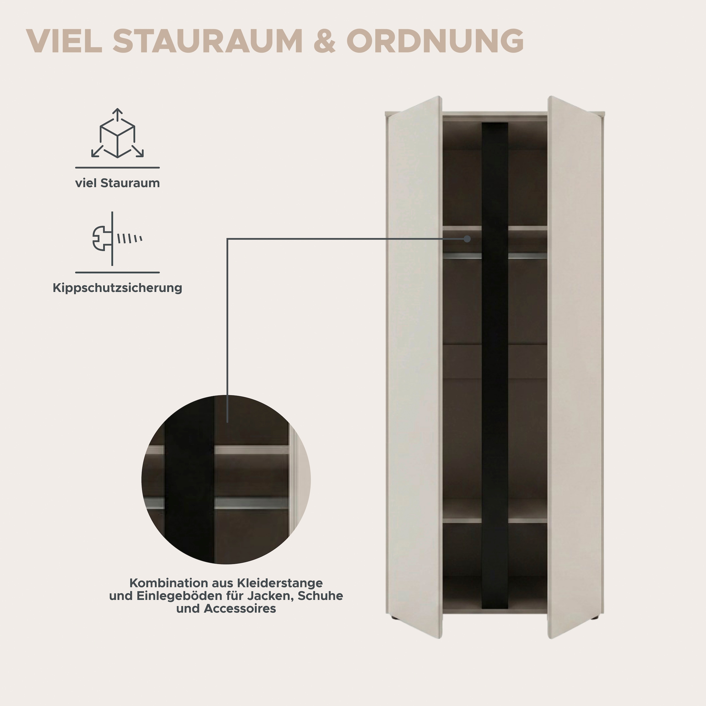 OTTO home Kleiderschrank »AXIS, in verschiedenen Breiten, Schlafzimmerschrank, Schrank« Breite 79cm, 2 Türen, 1 Kleiderstange, 3 Fächer