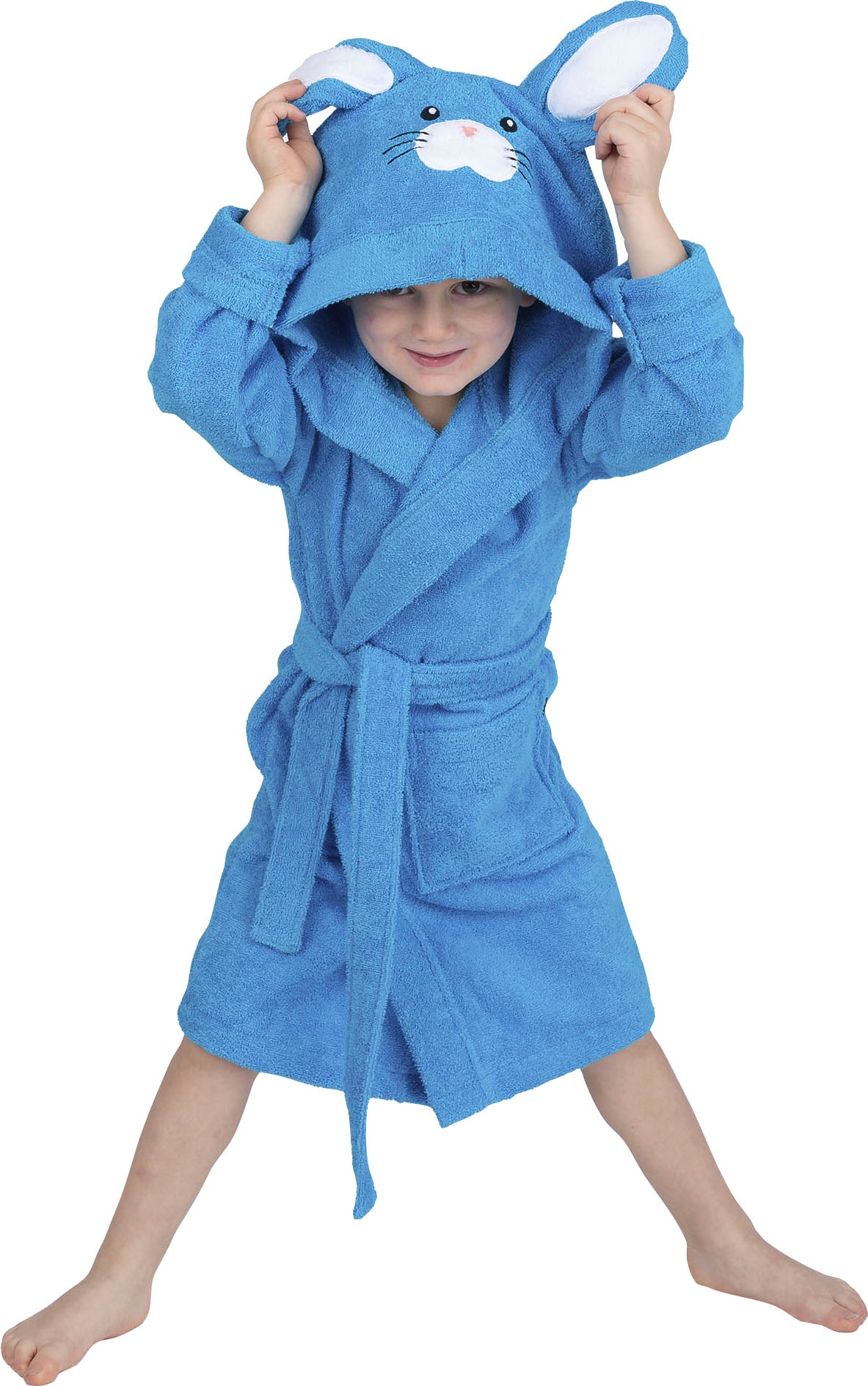 Kinderbademantel WEWO FASHION, L:66cm, blau, Baumwolle, Hausmäntel, "8024", für Mädchen & Jungen, mit niedlicher Kapuze