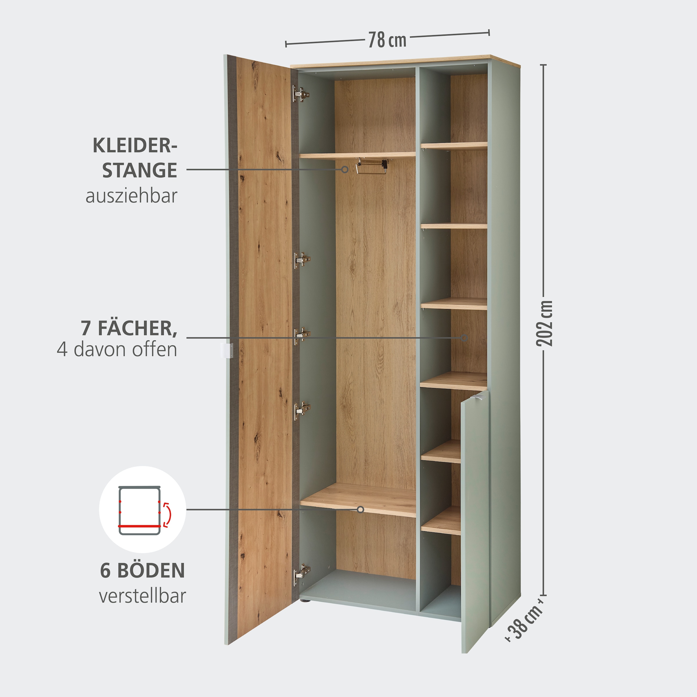 Innostyle Garderobenschrank »BARI Garderobenschrank mit Spiegel, BxHxT 78x202x38 cm«, (1 St.), 2 türig, 10 Fächer, Softclose, ABS Kantenschutz, Kleiderstange