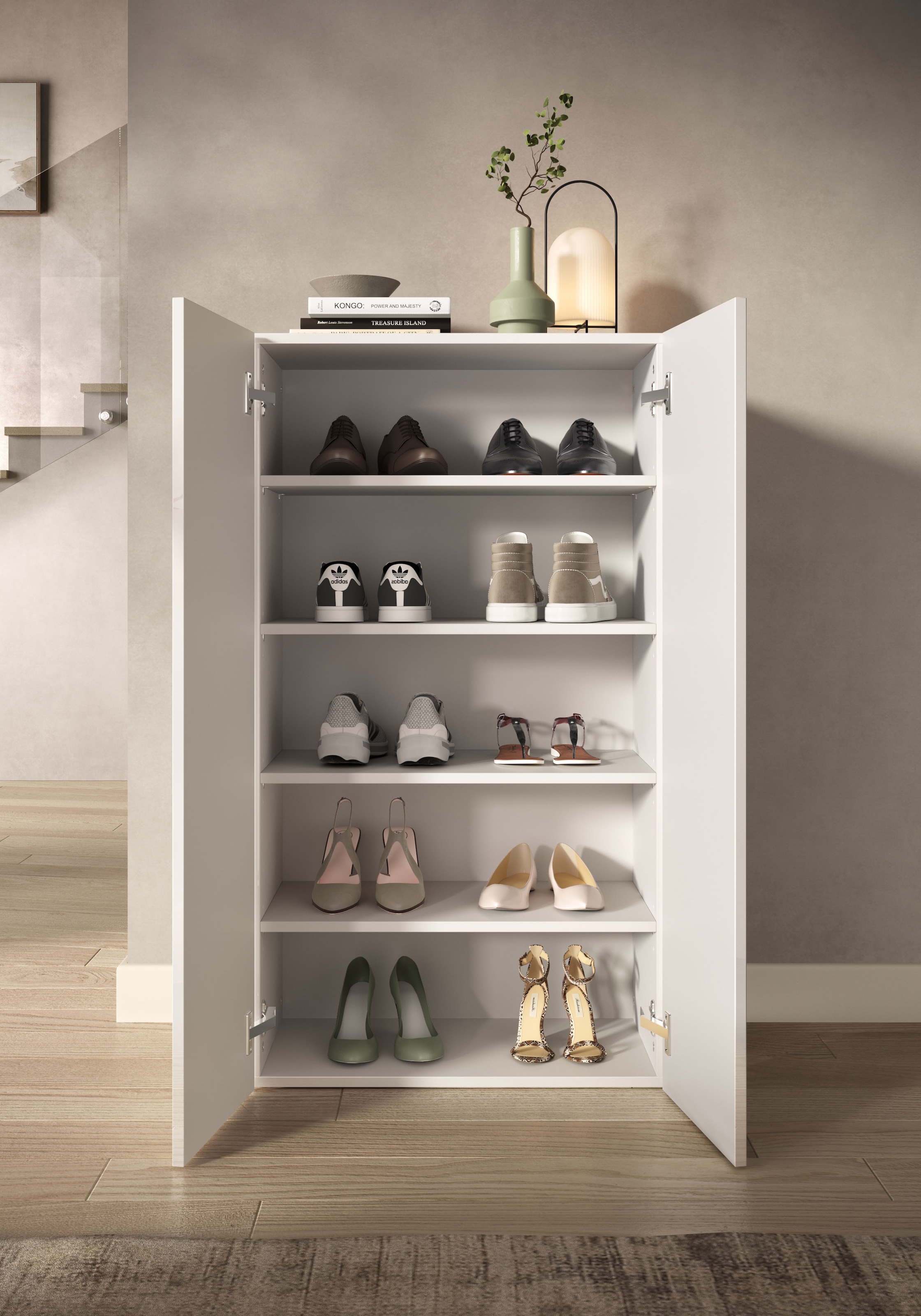 INOSIGN Schuhschrank »SMILE Breite 63 cm, Höhe 114 cm, Schuhregal mit 5 Ebenen,«, Schuhkommode in Weiss Hochglanz Lack