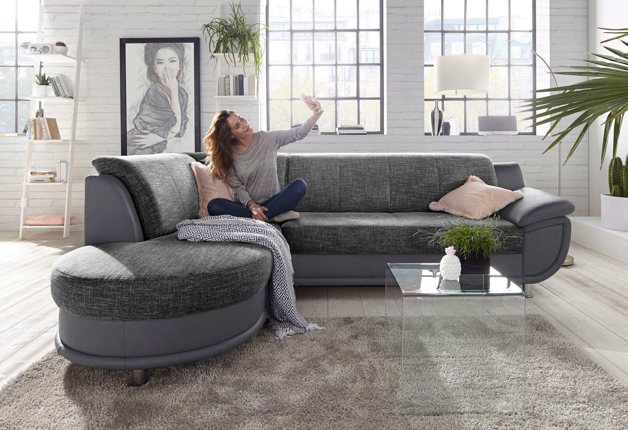 TRENDMANUFAKTUR Ecksofa "Rondo 3, zeitlos & bequem, Materialmix, L-Form, Breite 265cm" wahlweise mit Federkern für mehr Komfort, wahlweise mit Bettfunktion