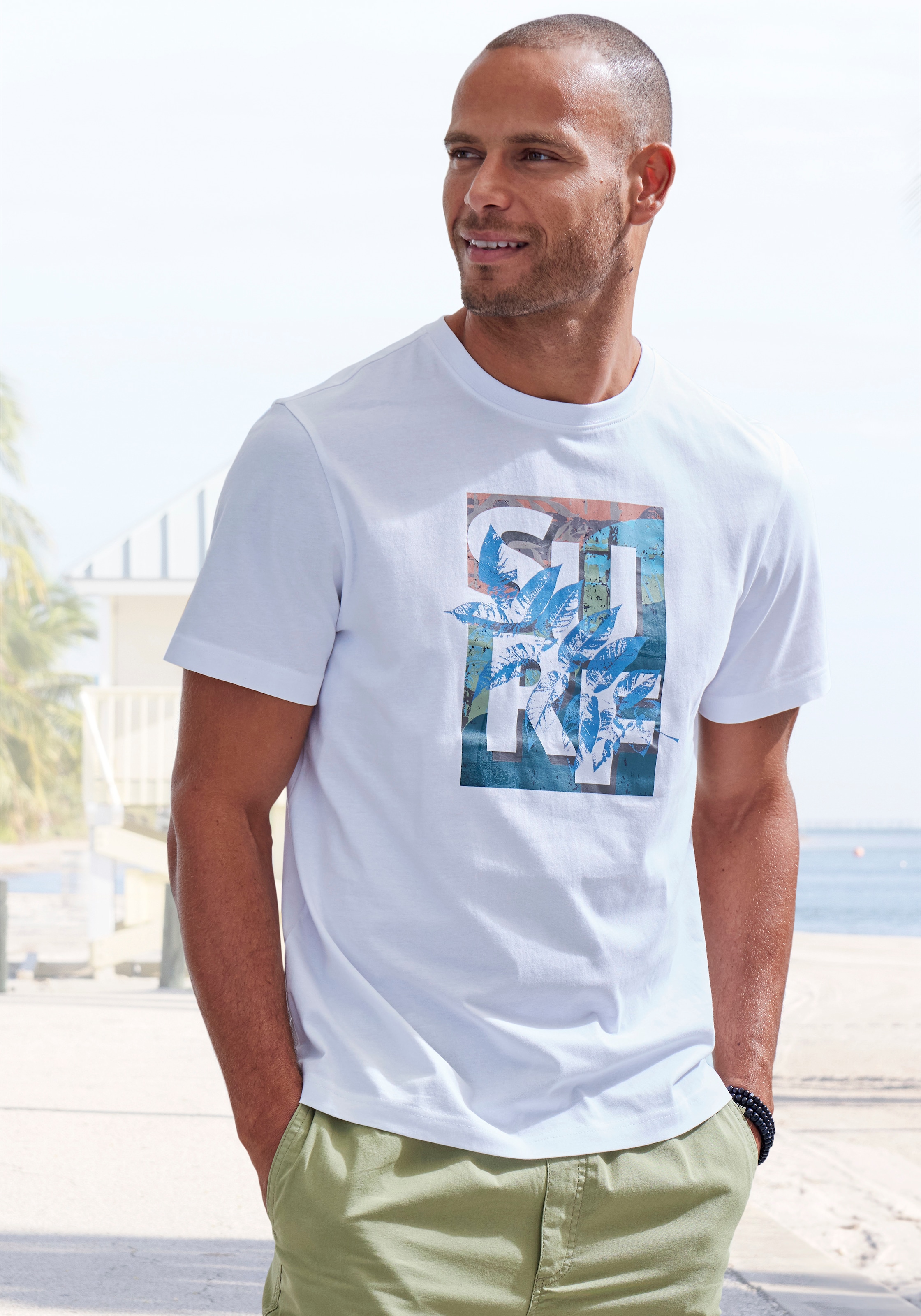 John Devin T-Shirt Rundhalsshirt mit Surf -Aufdruck aus reiner Baumwolle günstig online kaufen