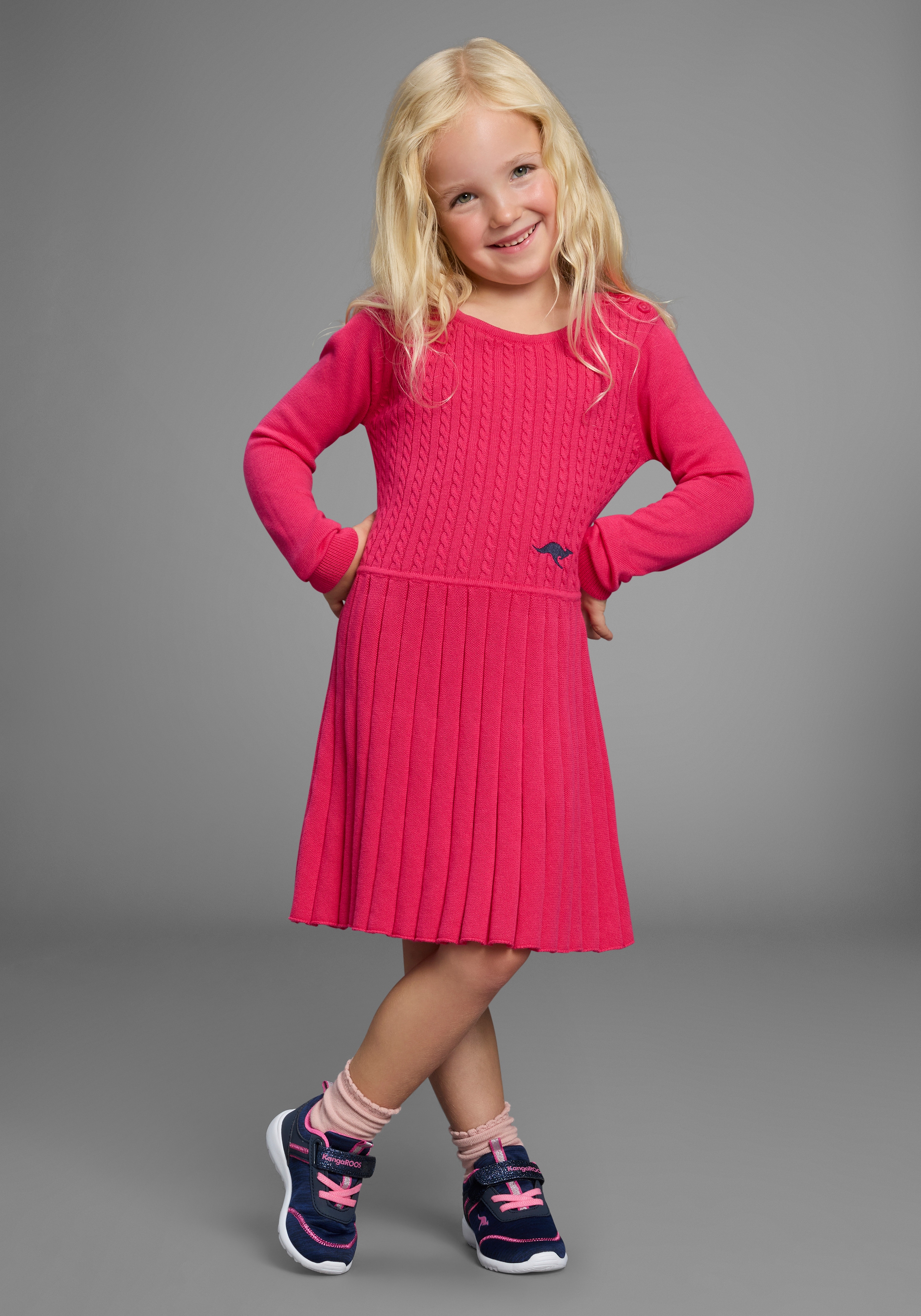 KANGAROOS Mädchen Strickkleid "Strickkleid mit Faltenrock", rosa, festlich, Gr. 128, Zopfmuster, Feinstrick, Obermaterial: 100% Baumwolle, Kleider,