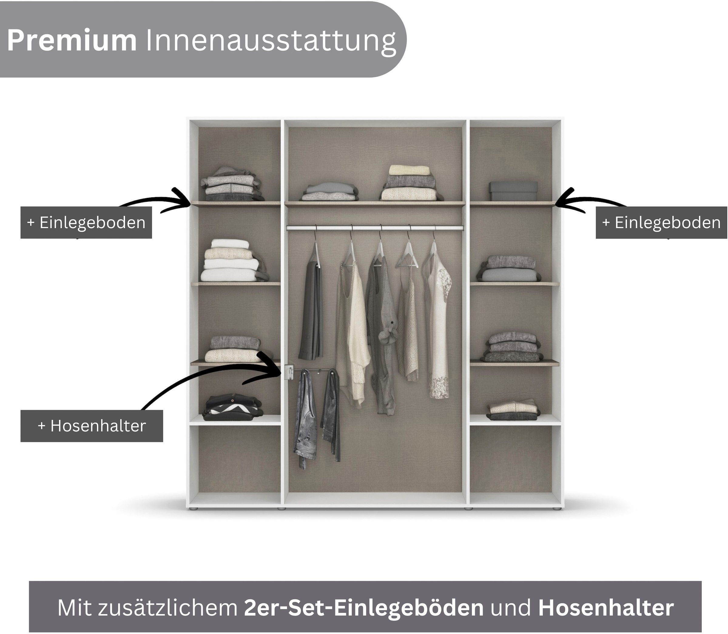 rauch Drehtürenschrank »Kleiderschrank Schrank Garderobe Wäscheschrank NAGATA viel Stauraum«, (in 3 verschiedenen Ausstattungen BASIC/CLASSIC/PREMIUM), mit Schubladen sowie Stangengriffen TOPSELLER MADE IN GERMANY