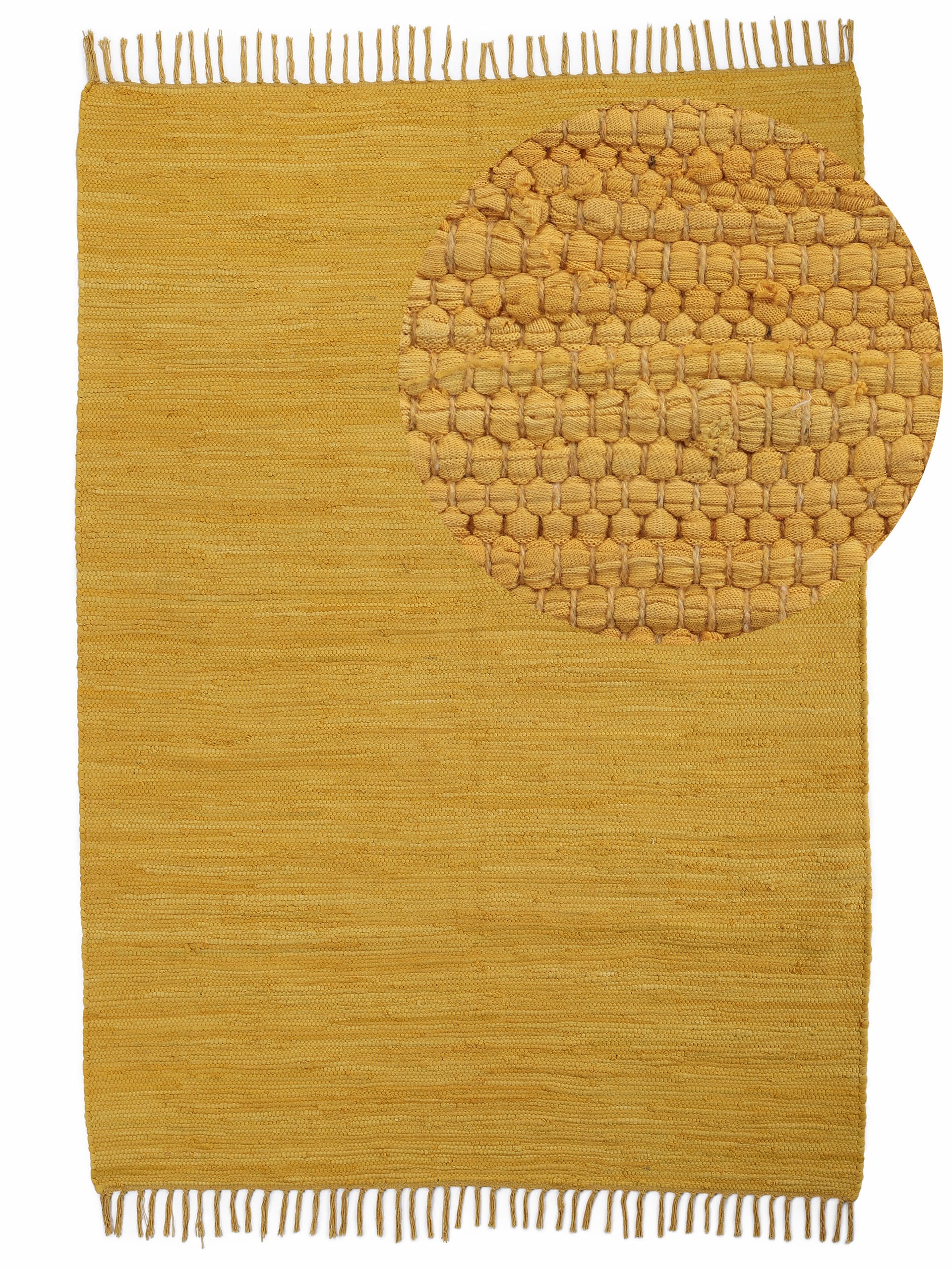 Teppich CARPETFINE "Kelim Chindi uni, auch als Läufer", gelb, B:160cm H:5mm L:230cm, Baumwolle, Teppiche, Teppich, Wendeteppich, reine Baumwolle, handgewebt, Uni-Farben, mit Fransen