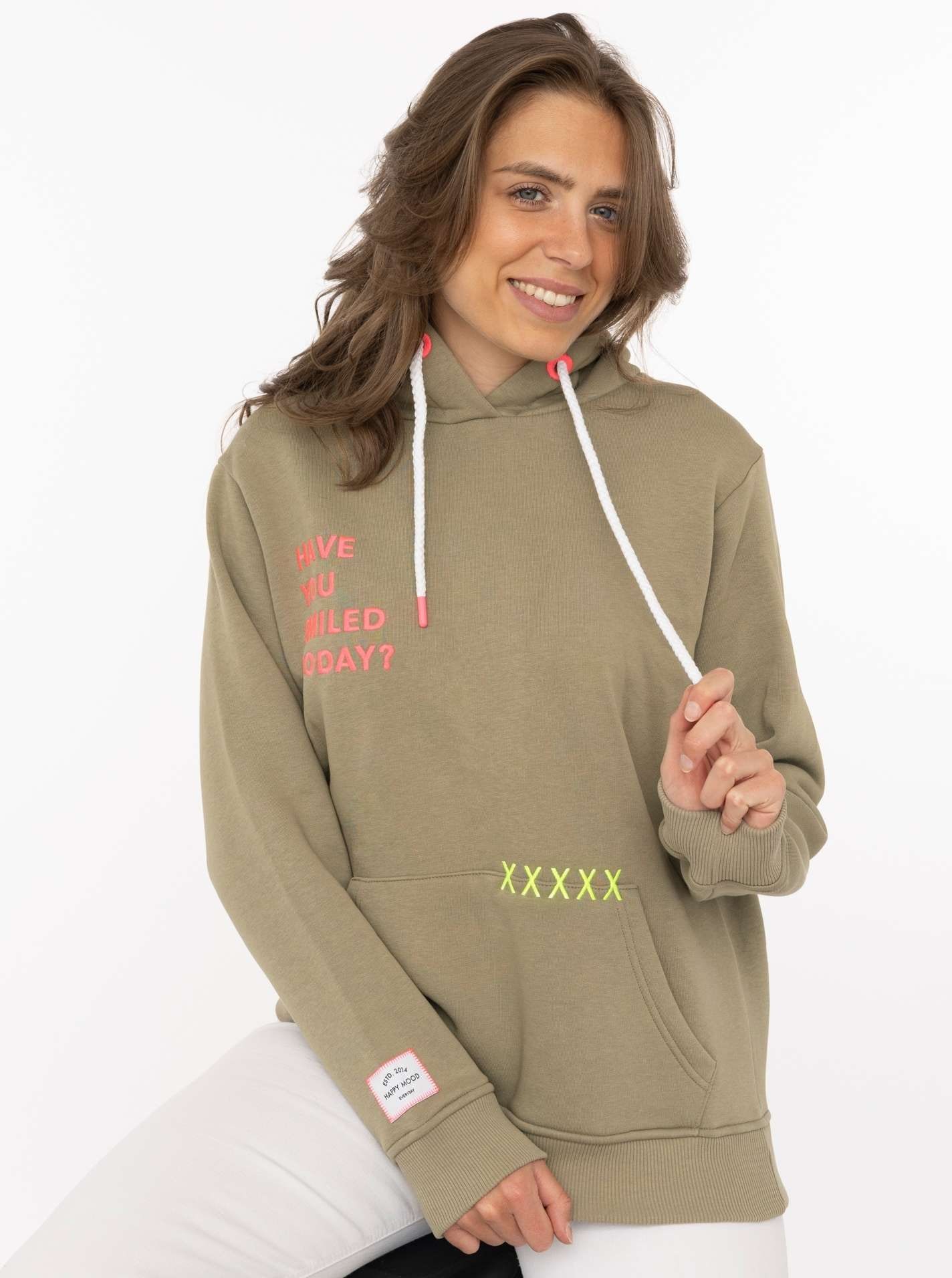 Zwillingsherz Hoodie ""Smile Cross"", Statement Schriftzug, Stickerei, Kapuze, Kängurutasche