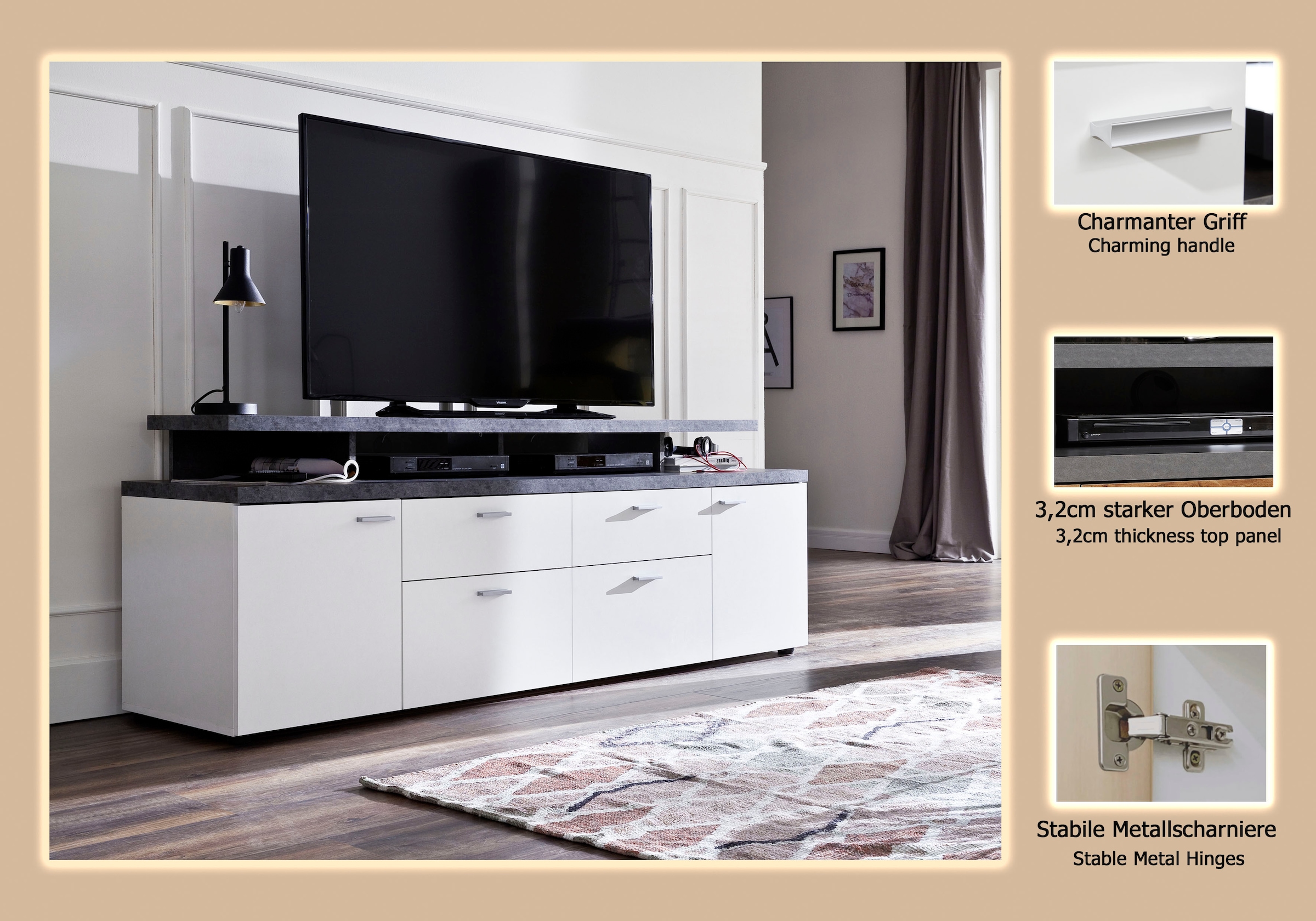 INOSIGN TV-Board »Messina«, (1 St.), TV-Lowboard mit Türen, Schubladen & Fächern - (B/T/H) 180/47/66 cm
