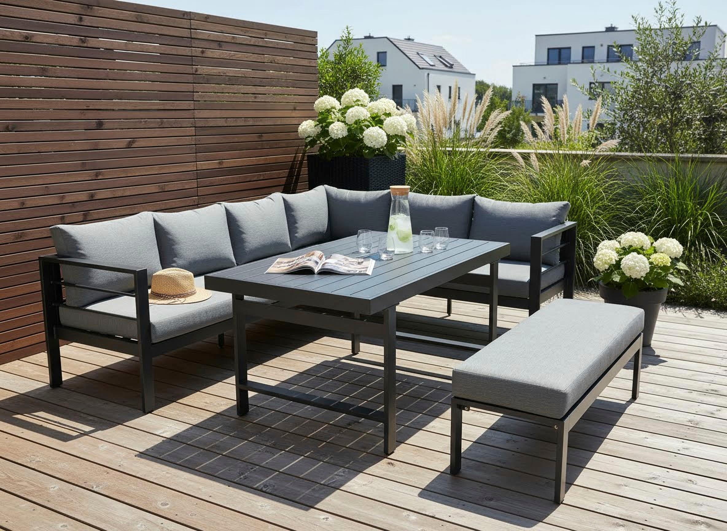 KONIFERA Gartenlounge-Set »New Jersey« Set, 2x Sofa, 1x Bank, 1x Tisch, 3x Sitzauflage, 7x Rückenkissen, 14 tlg. tlg. bestehend aus 2 Sofas, 1 Bank, 10 Sitz- und Rückenkissen, 1 Tisch