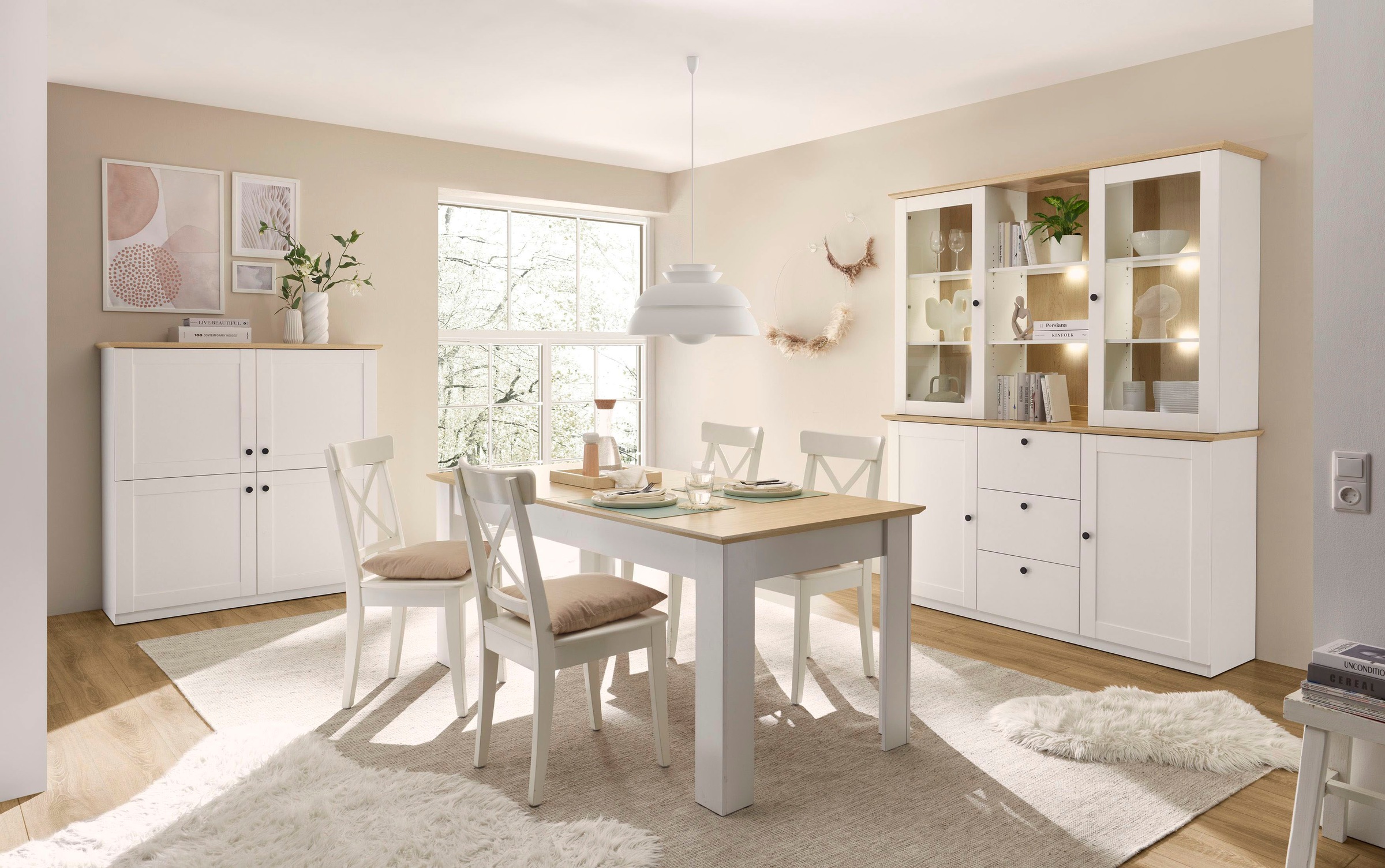 OTTO home Buffet »Brest, Hochschrank im Landhausstil, Schrank, Küchenschrank« schwarze Metallgriffe, viel Stauraum, Glastüren, 164 cm breit
