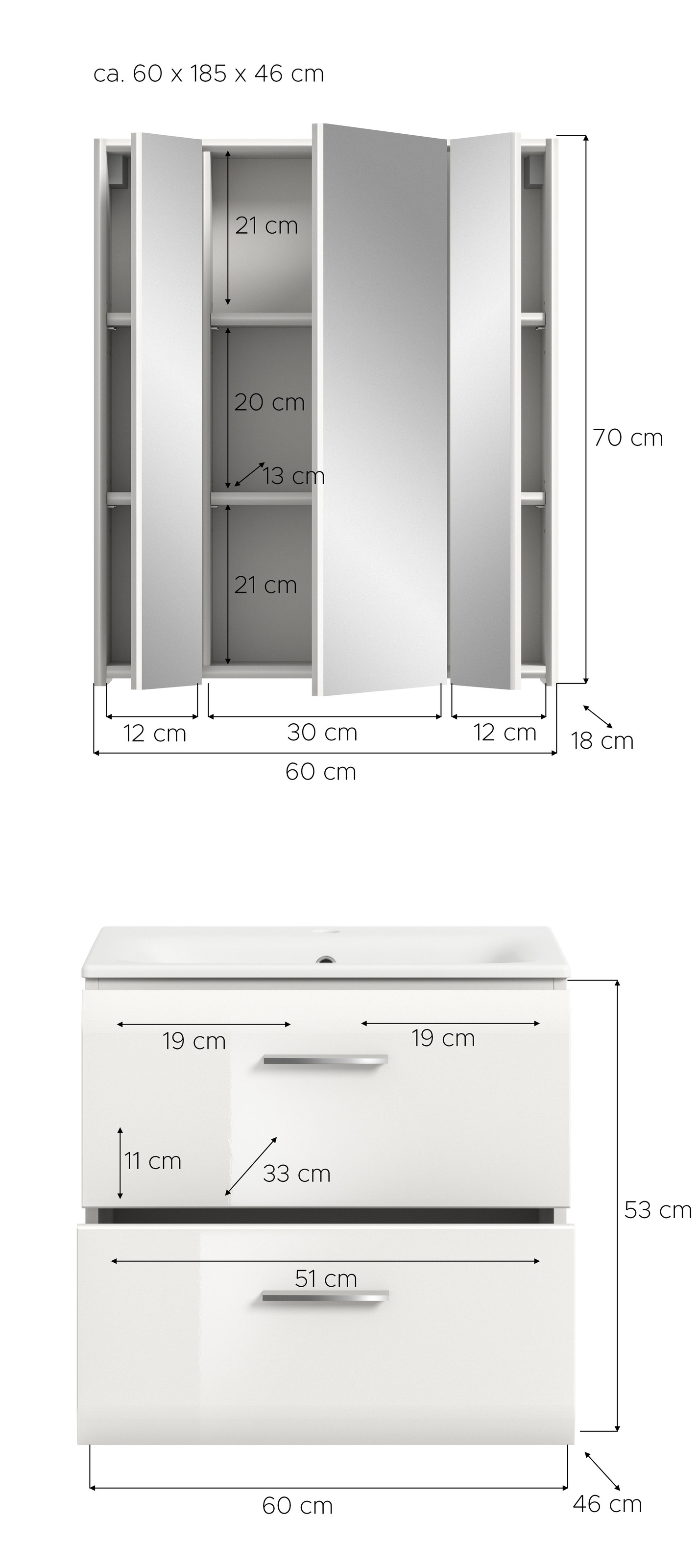 INOSIGN Badezimmer-Set, (Set, 3 St.), Florenz, Badkombination 3-tlg., Weiß Hochglanz, inkl. Waschbecken