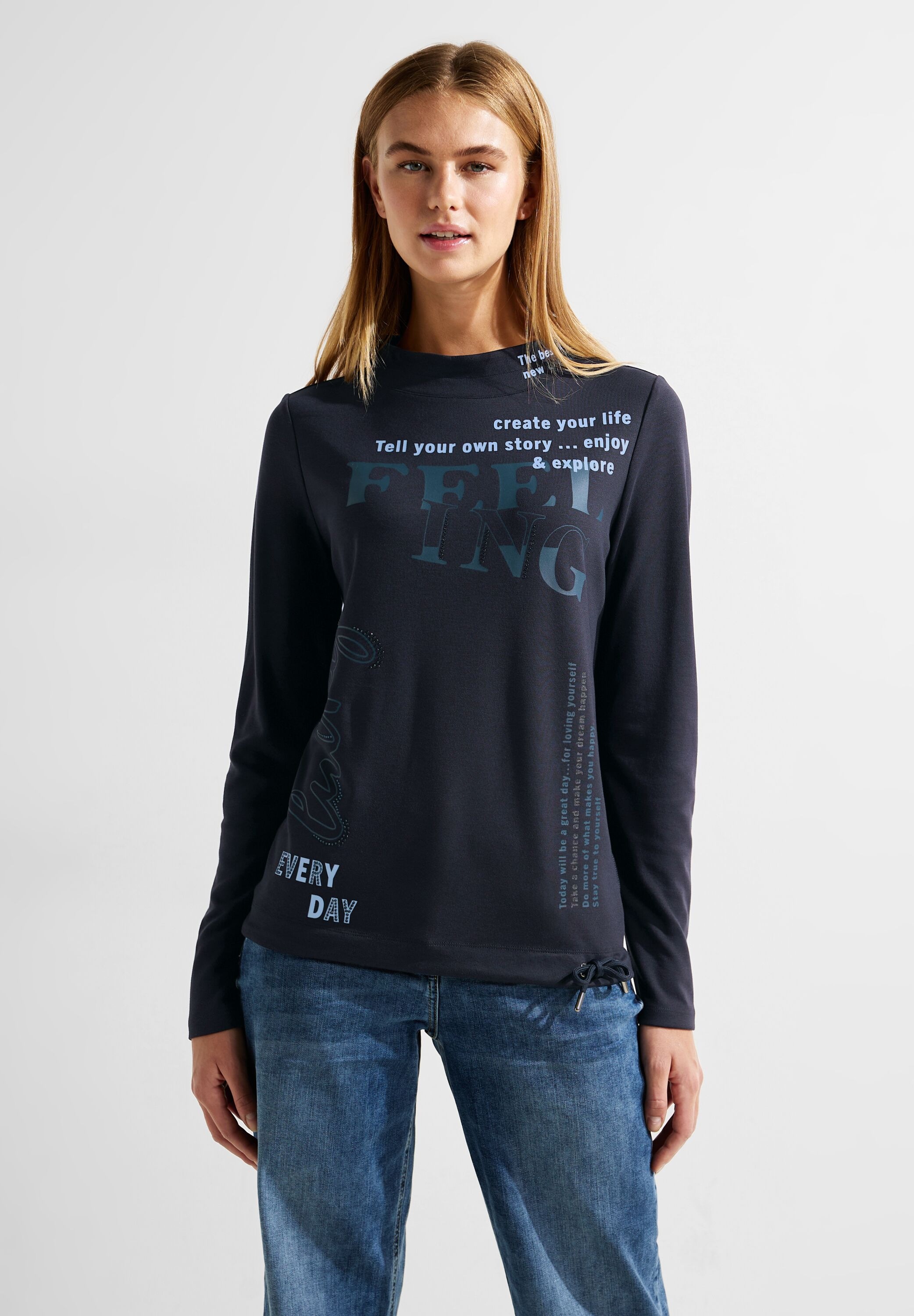 »Langarmshirt Cecil | Tunnelzug Wording«, Bund mit Stehkragen, bestellen Langarmshirt BAUR Ziersteinchen, Wording mit im