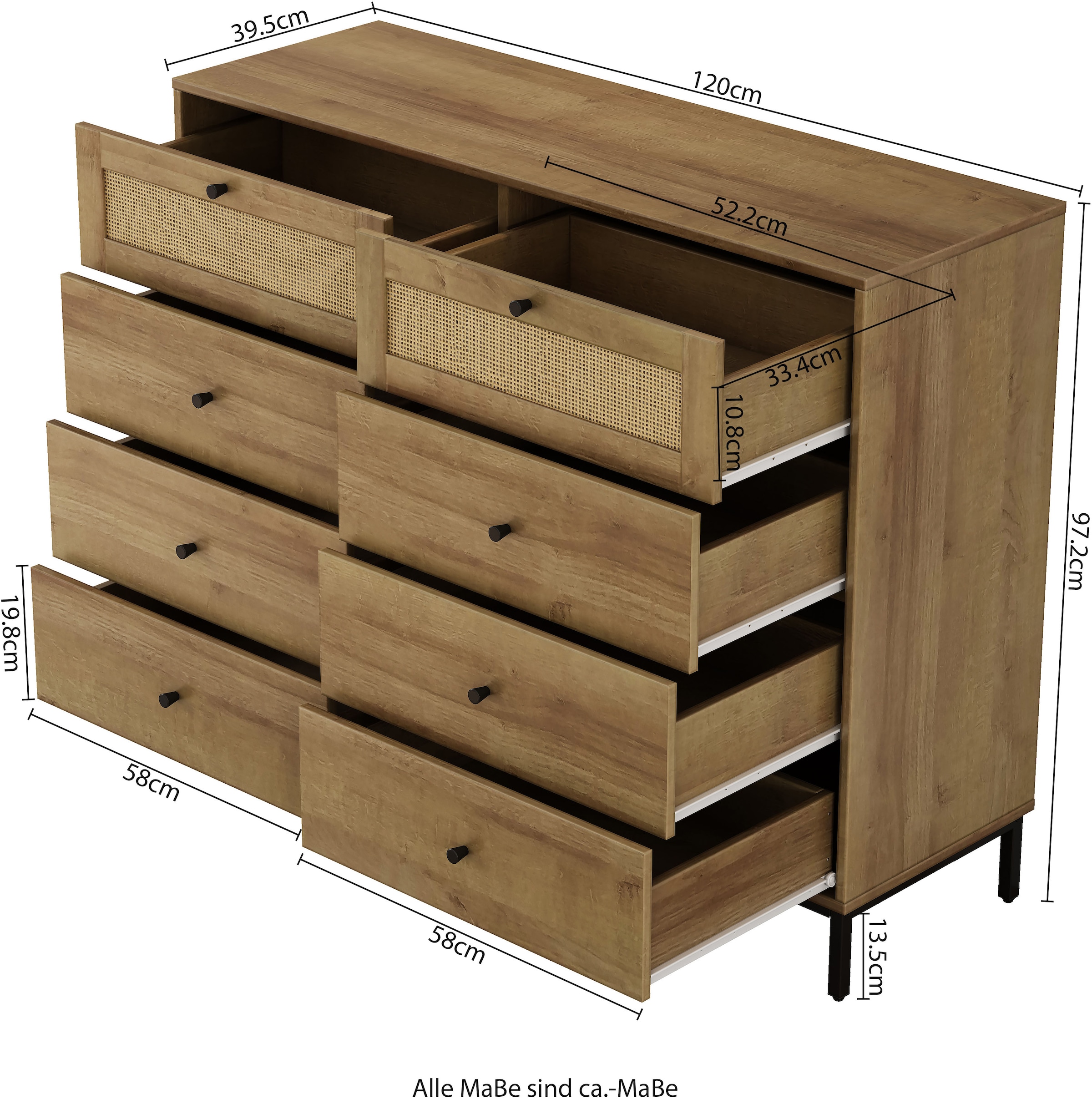 OTTO home Kombikommode »Motala Wäsche Schrank mit 8 Schubladen Sideboard BOHO Design« Eichen-Design mit schwarzen Griffen und Geflecht Schubladen, 