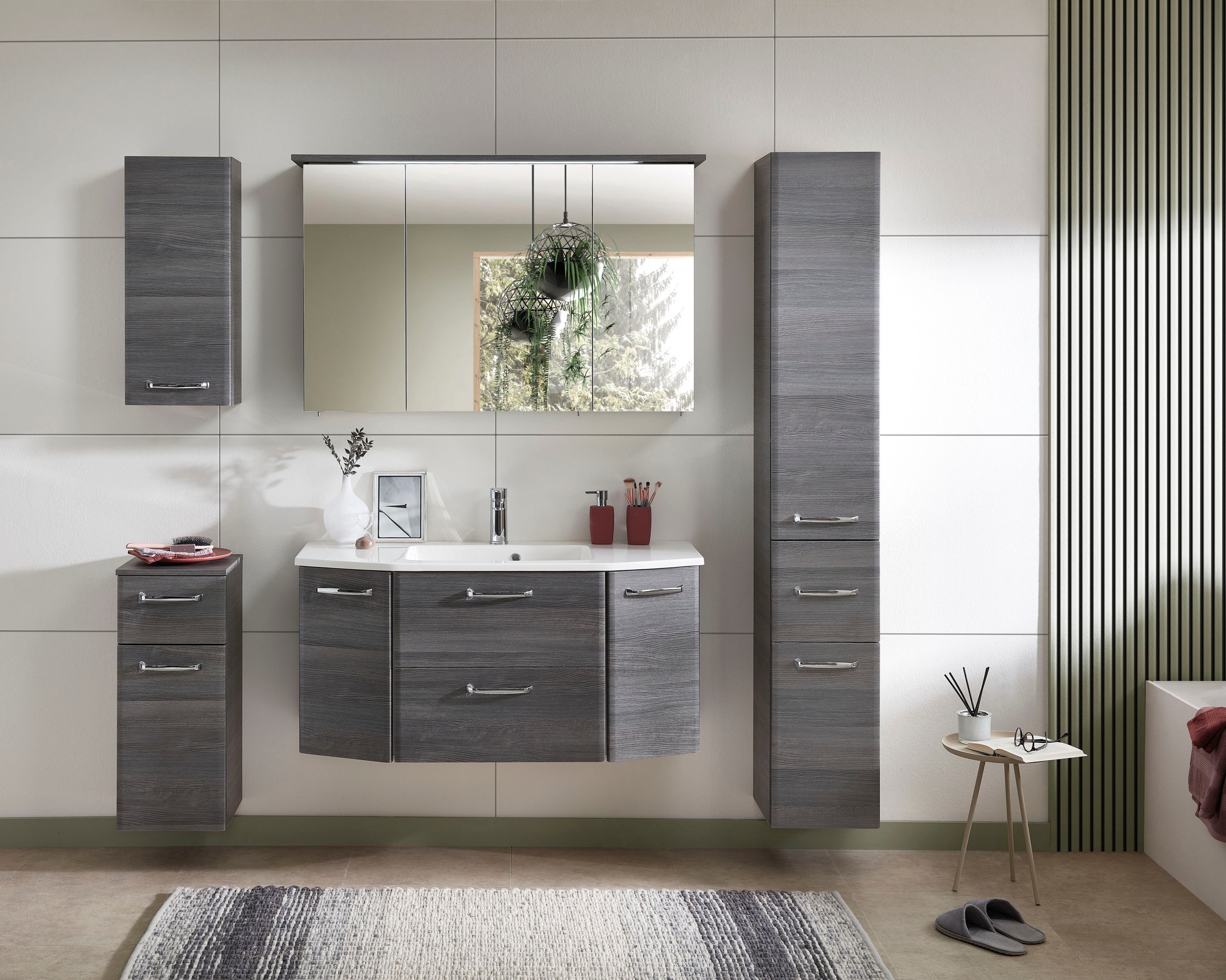 Saphir Waschtisch »Quickset Waschplatz, Mineralmarmor-Waschtisch, 112 cm breit, 2 Türen«, Unterschrank mit Waschbecken, inkl. Türdämpfer, Griffe Chrom Glanz