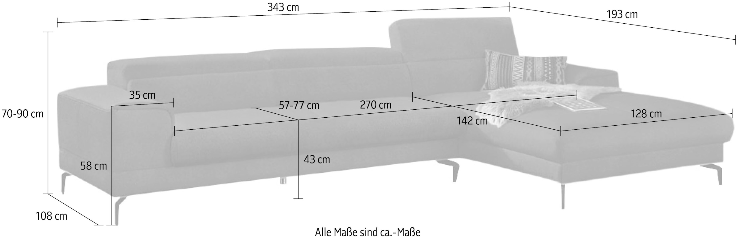 W.SCHILLIG Ecksofa »piedroo, Designsofa mit tollem Sitzkomfort, elegant und bequem, L-Form«, Kopfteilverstellung, wahlweise mit Sitztiefenverstellung, Breite 343cm