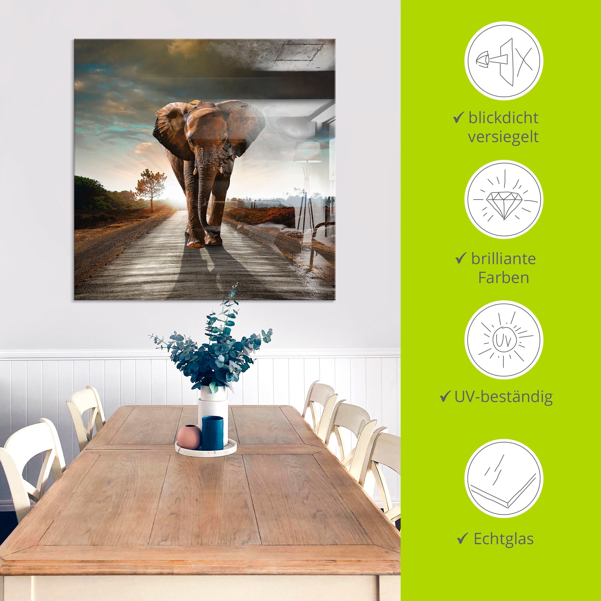 Artland Glasbild »Ein Elefant läuft auf der Straße«, Wildtiere, (1 St.), in verschiedenen Größen