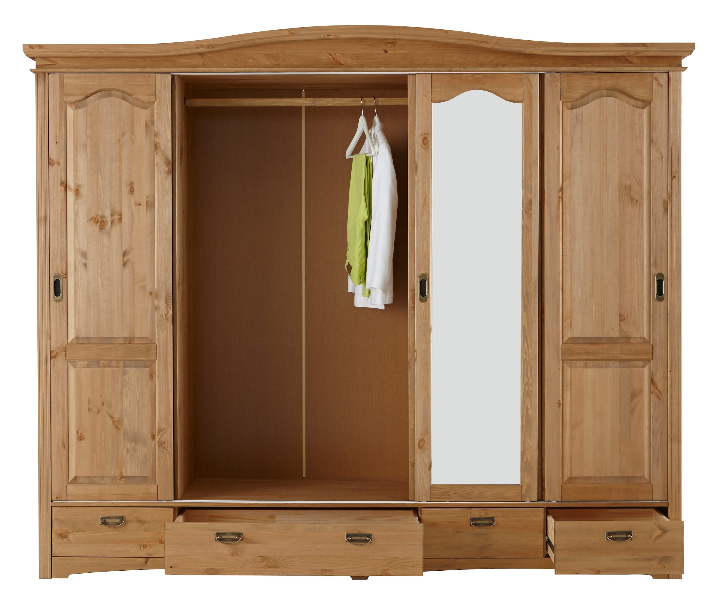 Home affaire Schiebetürenschrank »Konrad, Landhausstil, rustikal, mit Schubladen + Spiegel, Kassetten«, (3 Breiten: 153/202/249 cm H/T ca.207/64 cm), massive Kiefer, FSC®-zertifiziert, Messinggriffe, mehrere Varianten