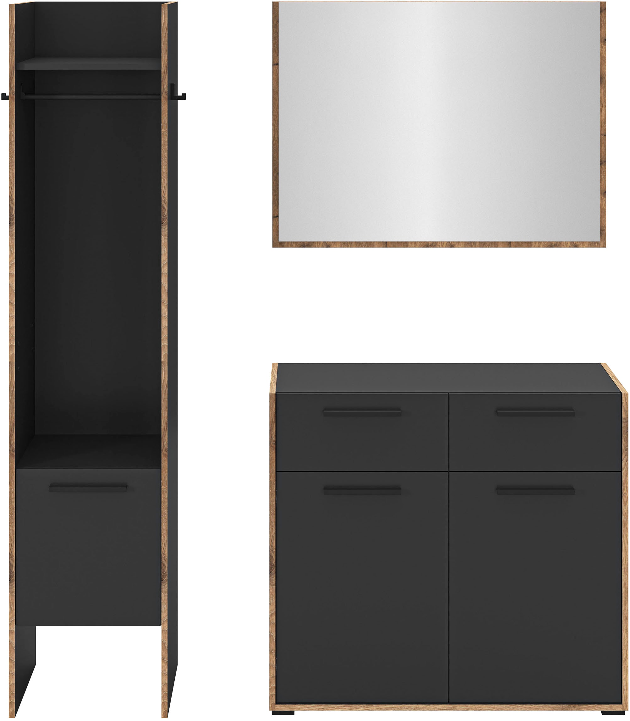 INOSIGN Garderoben-Set »MUSTA, 3-teilig: Garderobenschrank, Kommode & Garderobenspiegel«, Kombination, Kompaktgarderobe, Garderobenkombination, Garderobe