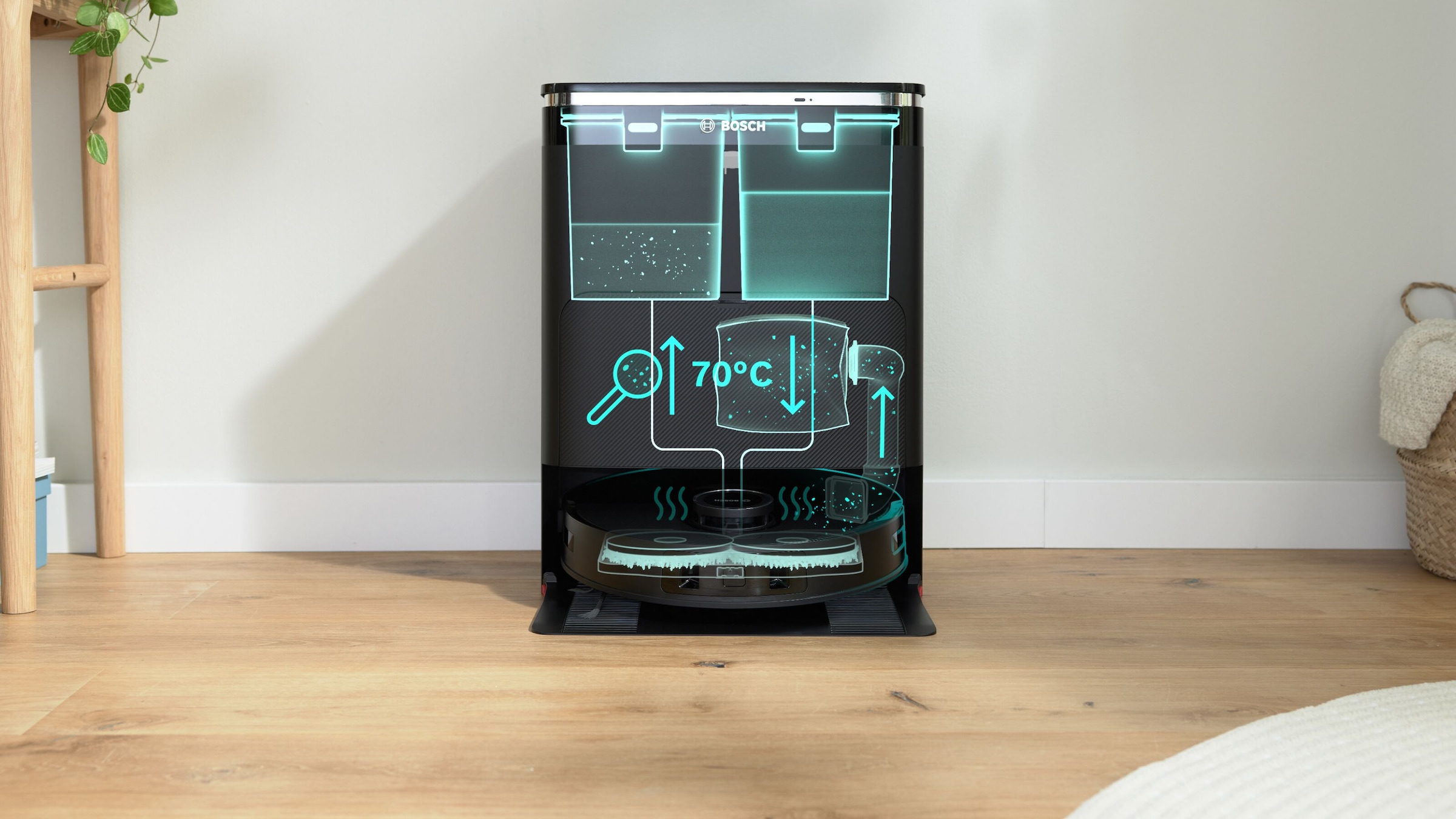 BOSCH Saugroboter »Spotless Max Cam BCRDW3BX, rotierende Wischpads, 70°C Selbstreinigung«, Datensicherheit, 11.000 Pa Saugkraft, Absaugstation, Kamera