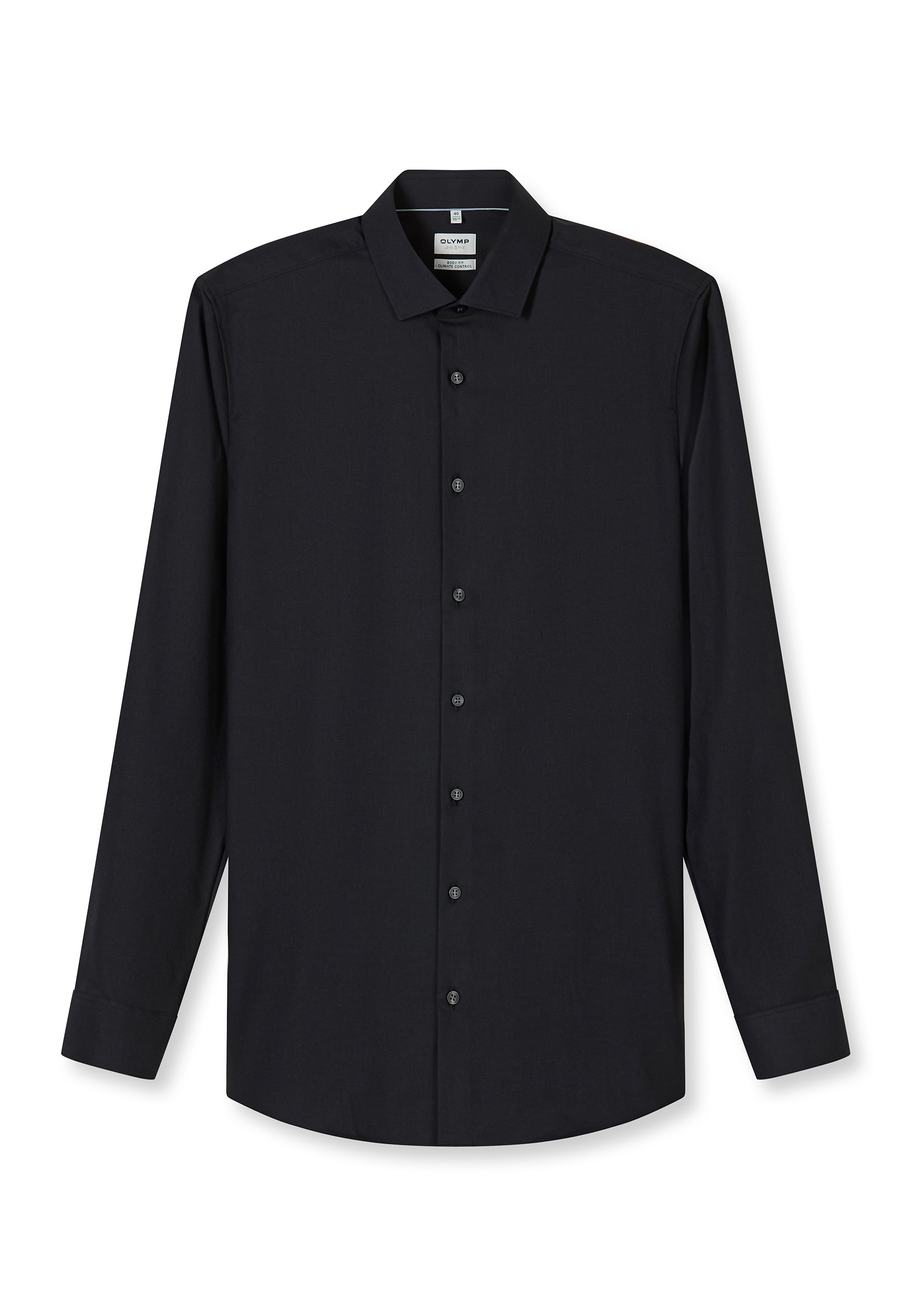 Businesshemd OLYMP "OLYMP Level Five 24/Seven, body fit, Modern Kent", Herren, Gr. 43, Normaler Arm, schwarz, 64% Baumwolle, 27% Polyester, 9% Elasthan, Hemden