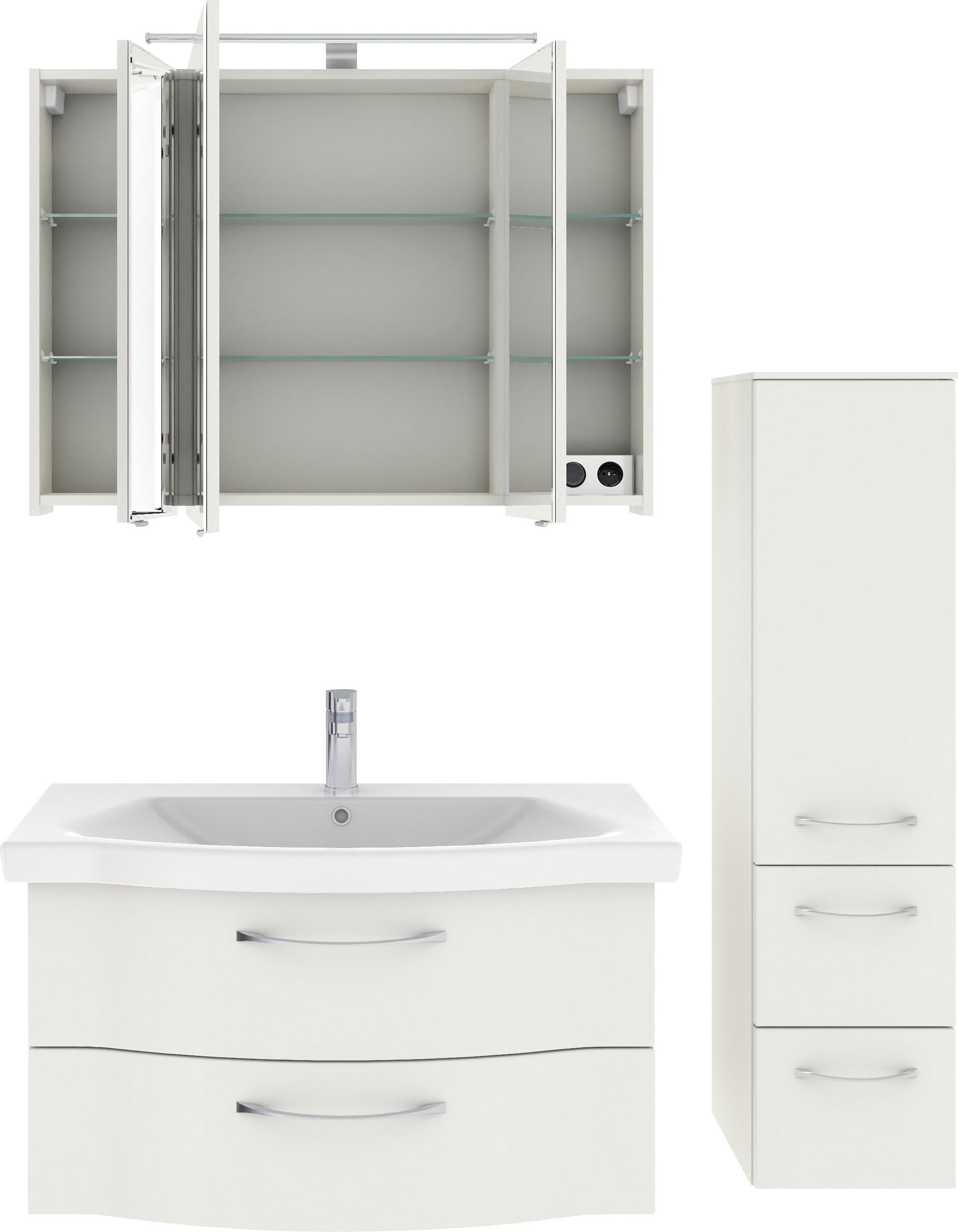 Saphir Badmöbel-Set »6005 Sprint 3-teilig, Keramik-Waschtisch mit LED-Spiegelschrank«, (4 St.), Midischrank, inkl. Türdämpfer, 4 Türen, 4 Schubladen, Bad-Set