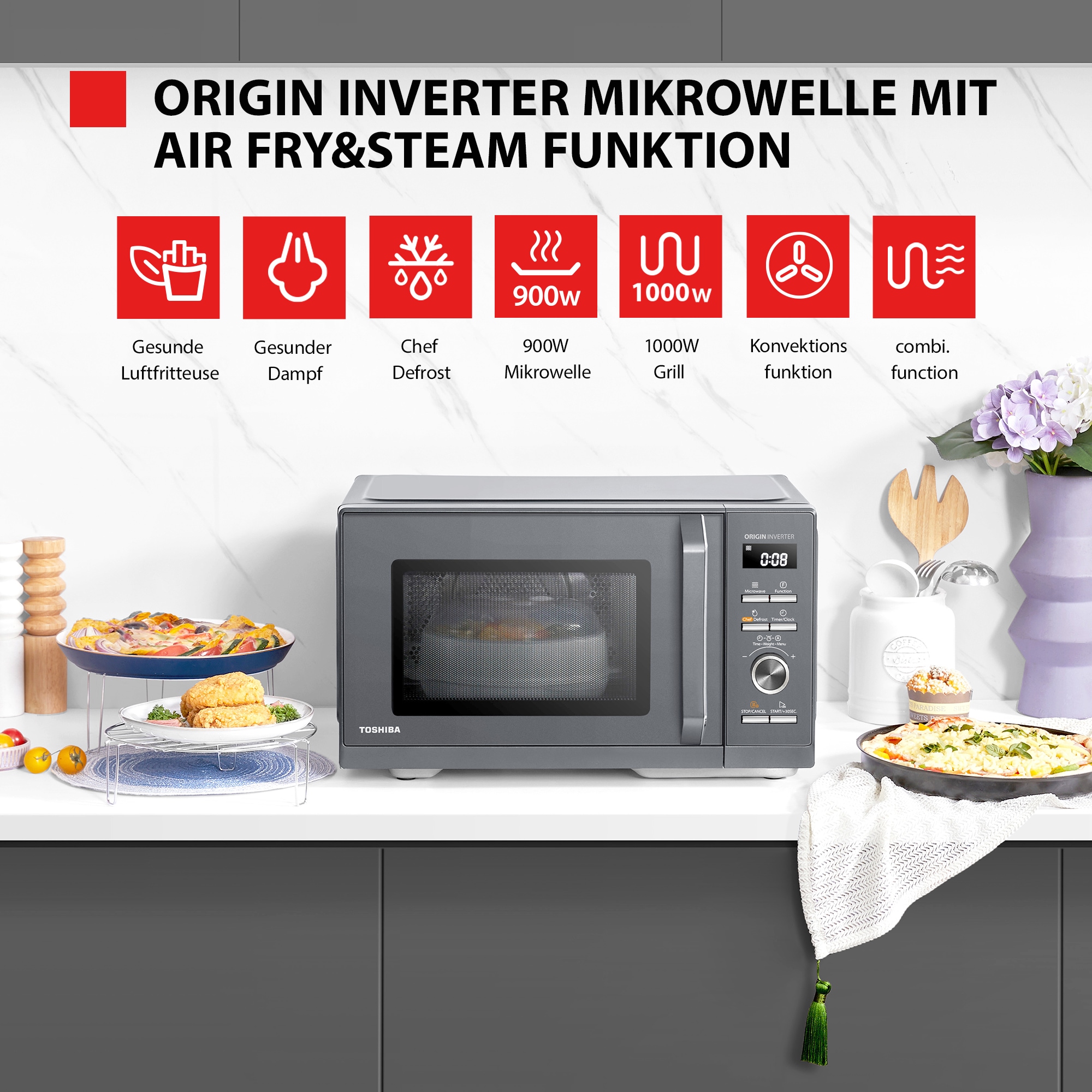 Toshiba Mikrowelle »MW3-AC26SFI(MG)«, Mikrowelle-Grill-Heißluft, 4-in-1 Kombi Mikrowelle mit Grill
