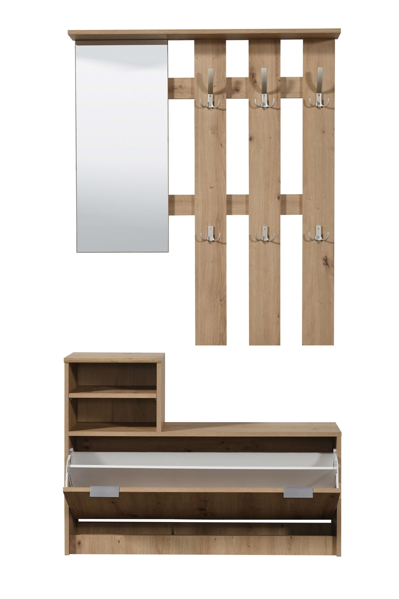 INOSIGN Garderoben-Set »Ravenna Flurgarderobe, Dielenschrank, Kompaktgarderobe, Breite 100 cm«, (Komplett-Set, 2 St.), inkl. Schuhschrank und Garderobenpaneel, mit Klapptür, Spiegel, Haken