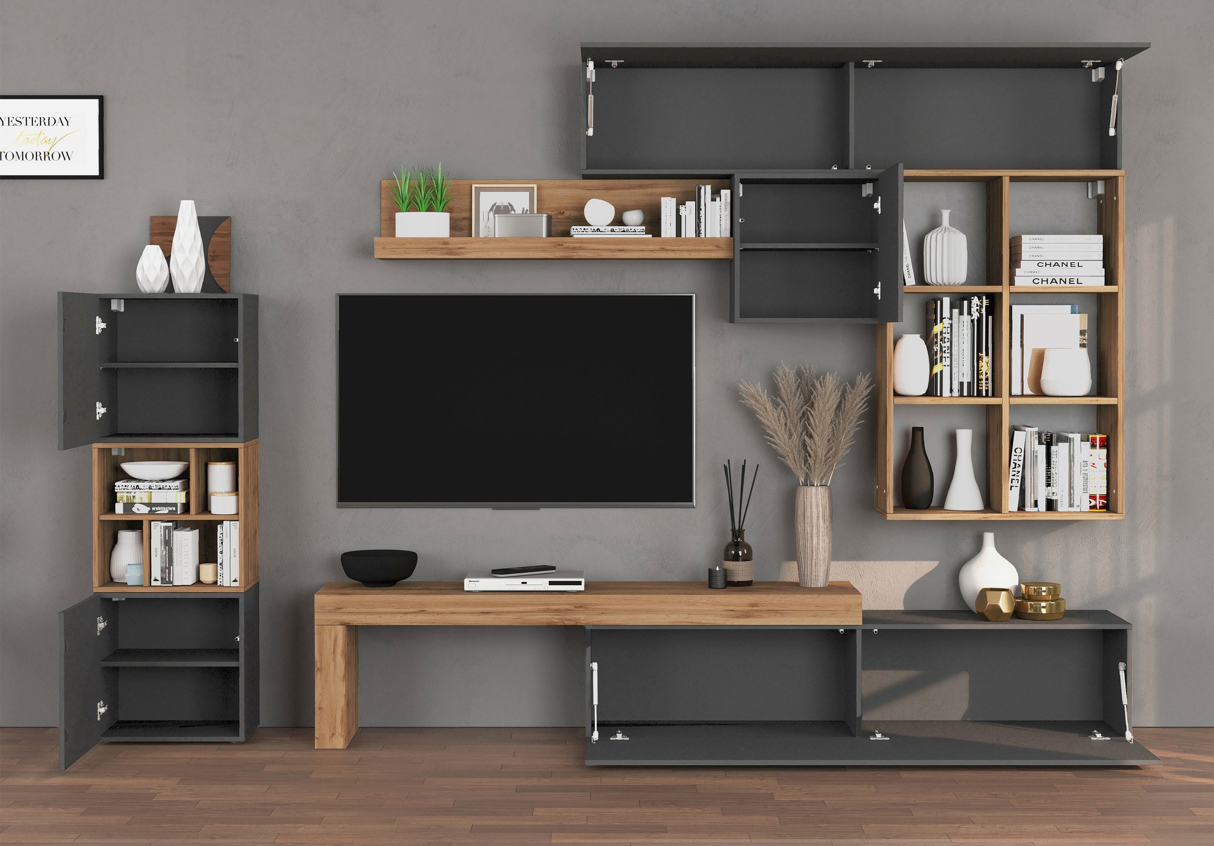 INOSIGN Wohnwand »Chronos Wohnwand, Medienwand, 8-er set«, (Set, 8 St.), ca. 320 cm mit Hängeschränke, Würfel, Regal, Lowboard, Made in Italy