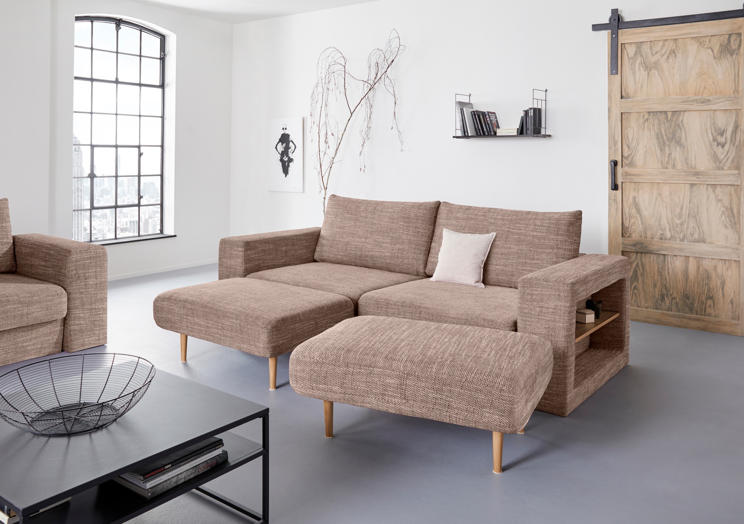 4-Sitzer »Looksvb«, Verwandlungssofa: aus Sofa wird Sofa mit 2 Hockern, mit Regalfunktion