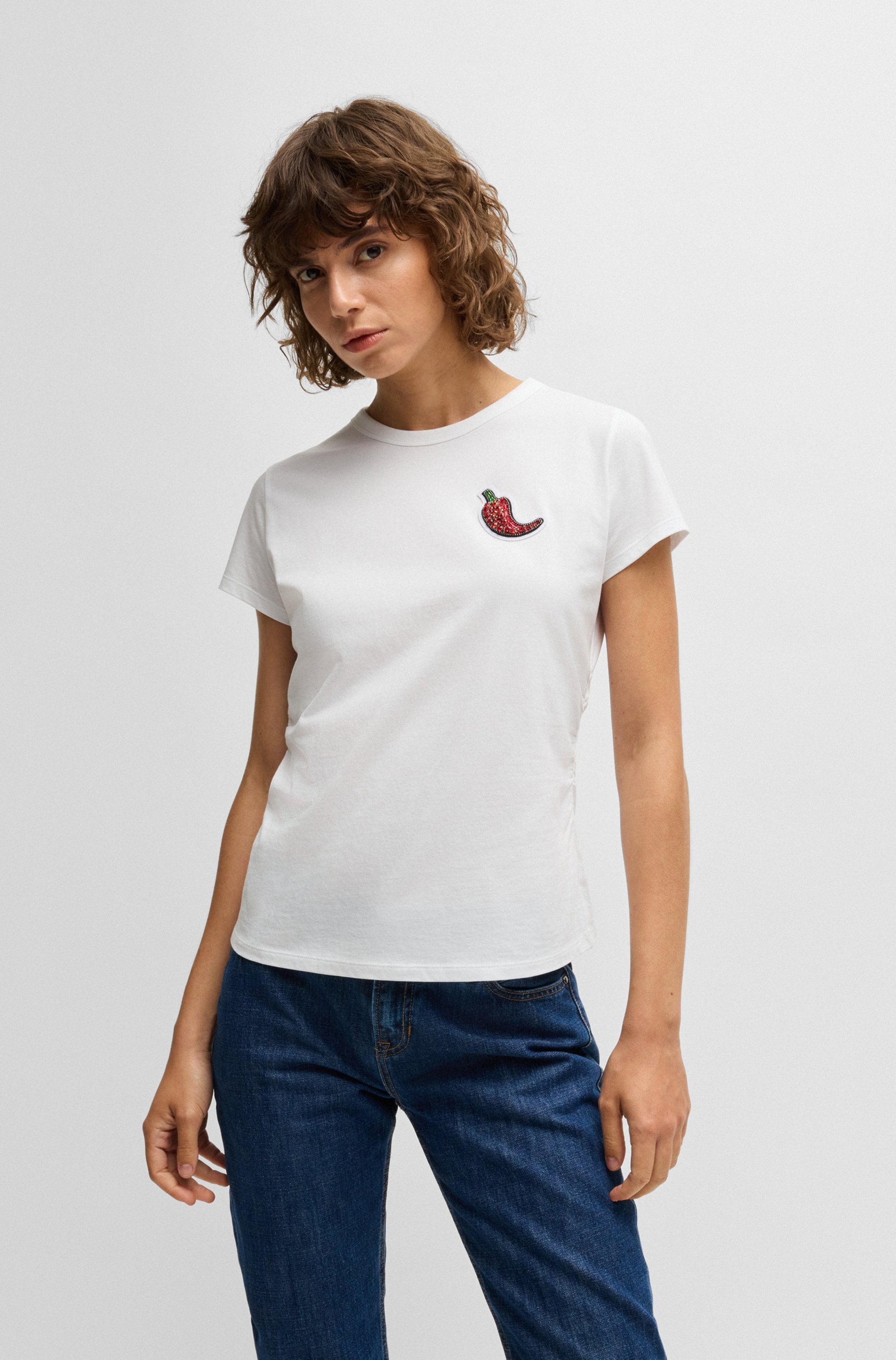 BOSS ORANGE T-Shirt "Endora Premium Damenmode", mit Raffungen, glitzerndes günstig online kaufen