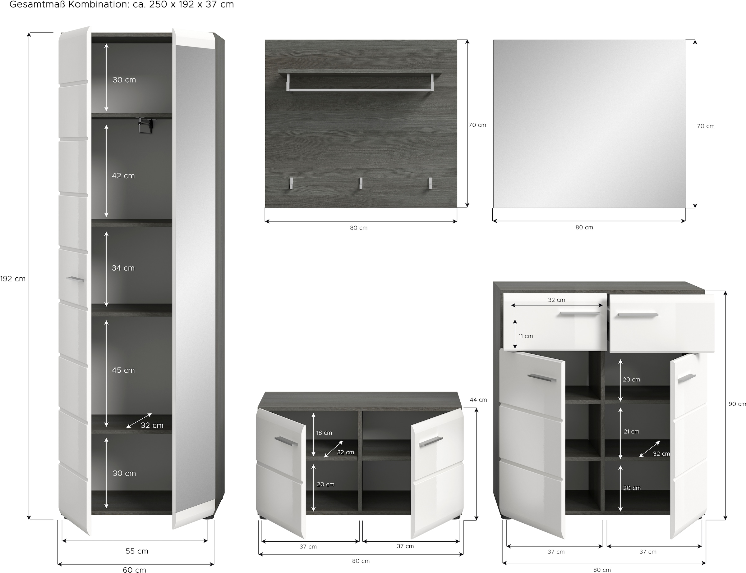 INOSIGN Garderoben-Set »Rumba, 5-teilig, Breite 250 cm, Hochglanz Front, bestehend aus:«, (5 St.), Garderobenschrank, Sitzbank, Garderobenpaneel, Schuhschrank, Spiegel