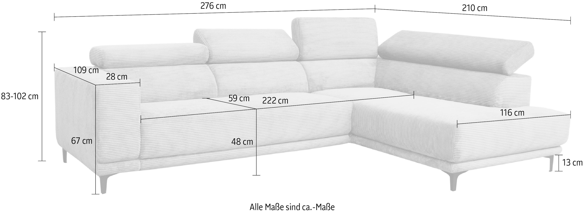 alina Ecksofa »Hikari«, wahlweise mit Sitzvorzug, in modernem Cordstoff, Breite 276 cm