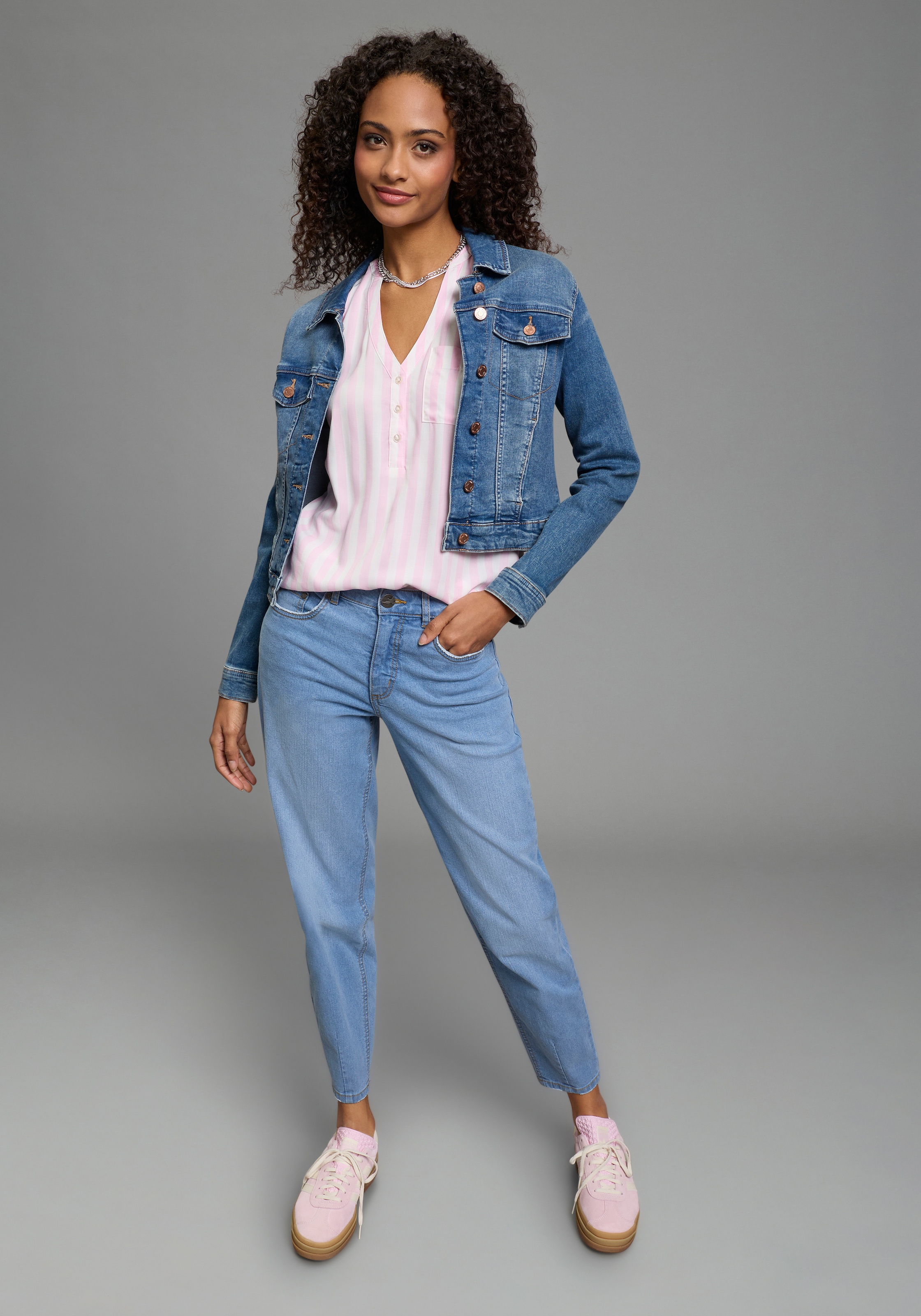 Laura Scott Schlupfbluse gestreifte Langarmbluse, mit Stehkragen, V-Ausschnitt