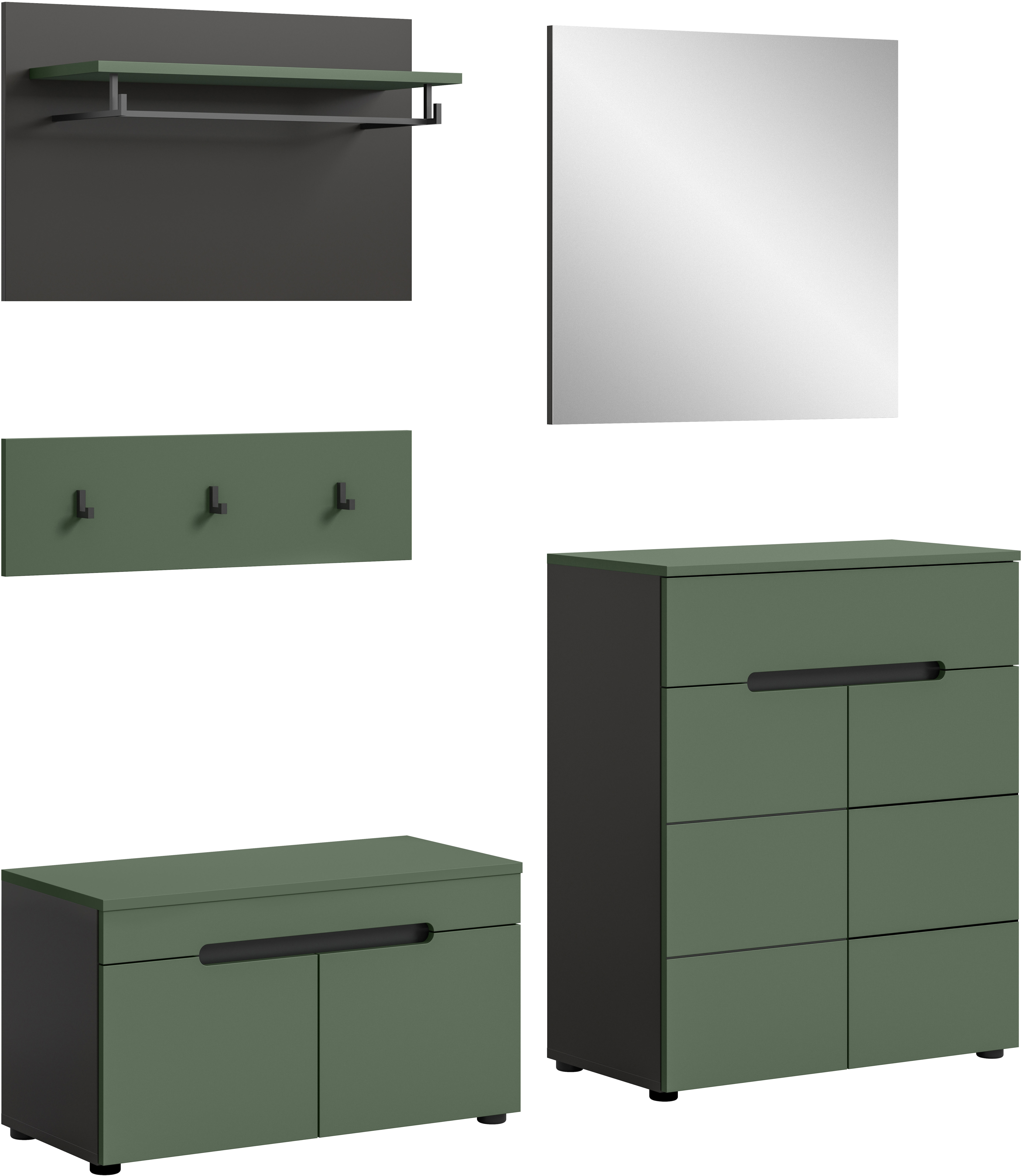Home affaire Garderoben-Set "REHAT, TOPSELLER, 5-teilig, Breite 175cm, individuell stellbar" bestehend aus: Sitzbank, Paneel, Hakenleiste, Spiegel, Kommode, 4 Stk. tlg.