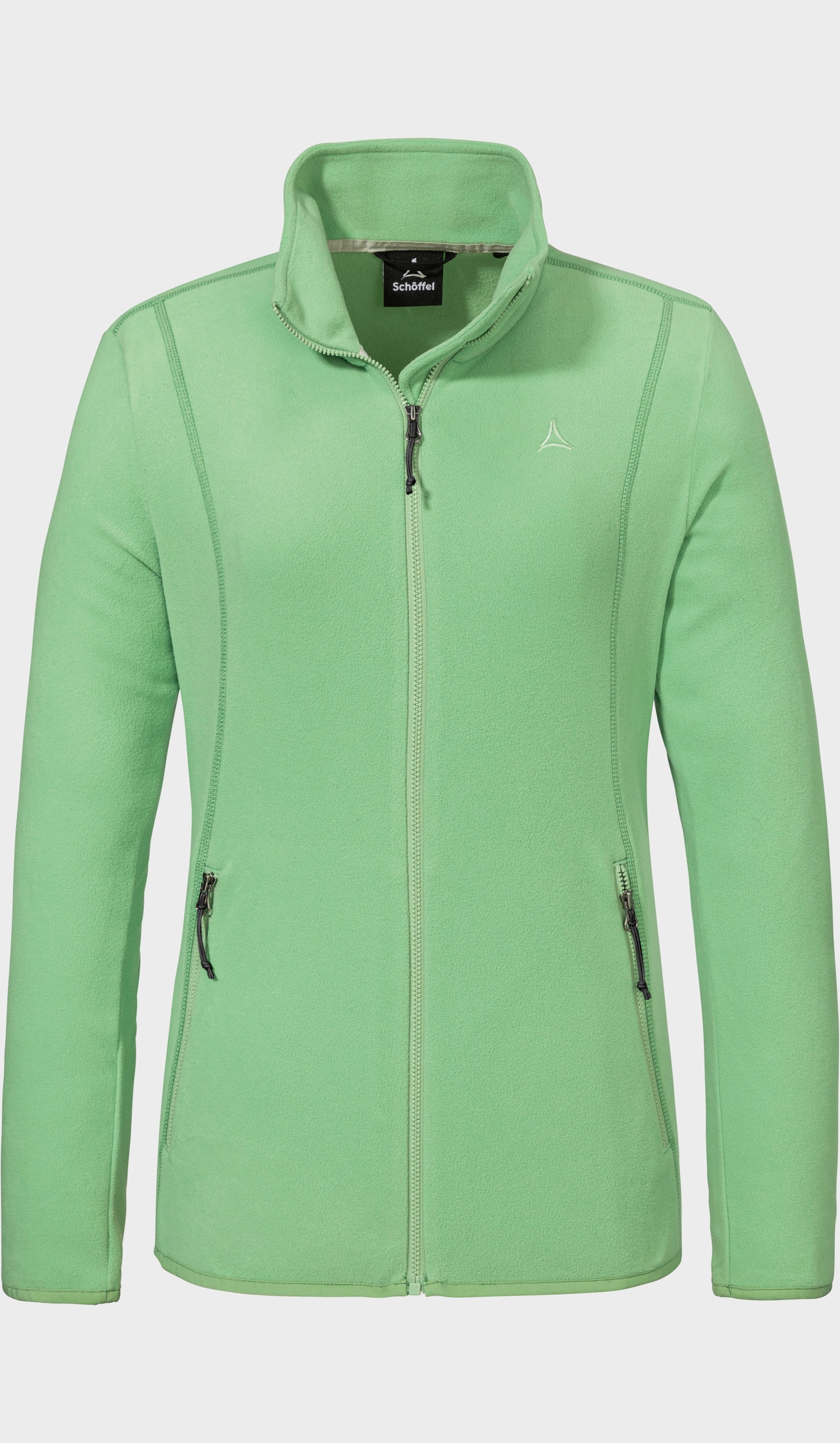 Fleecejacke SCHÖFFEL "Fleece Jk Style Ash WMS", Damen, Gr. 38, sprint crisp, Fleece, Obermaterial: 100% Polyester, hoch geschlossener Ausschnitt, eingesetzt eingefasste Kante, Jacken Fleecejacke, sportlicher Stil mit Logostickerei, wärmendes Material
