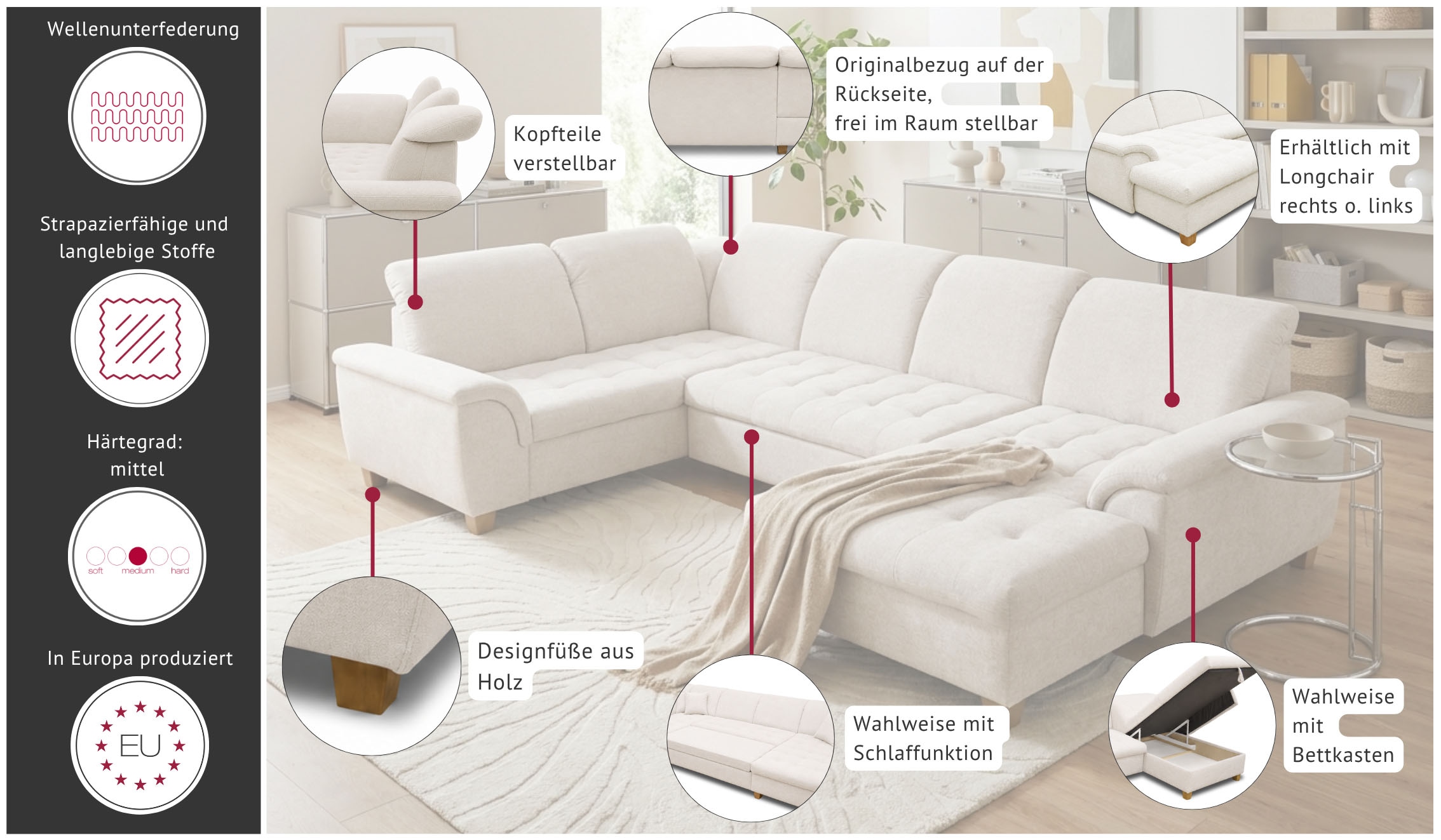 OTTO home Wohnlandschaft »Egedal 352 x 214 cm, auch mit Schlaffunktion & Bettkasten, Holzfüße« Kopfteile verstellbar, U-Form, aus pflegeleichtem Lu x us-Microfaser