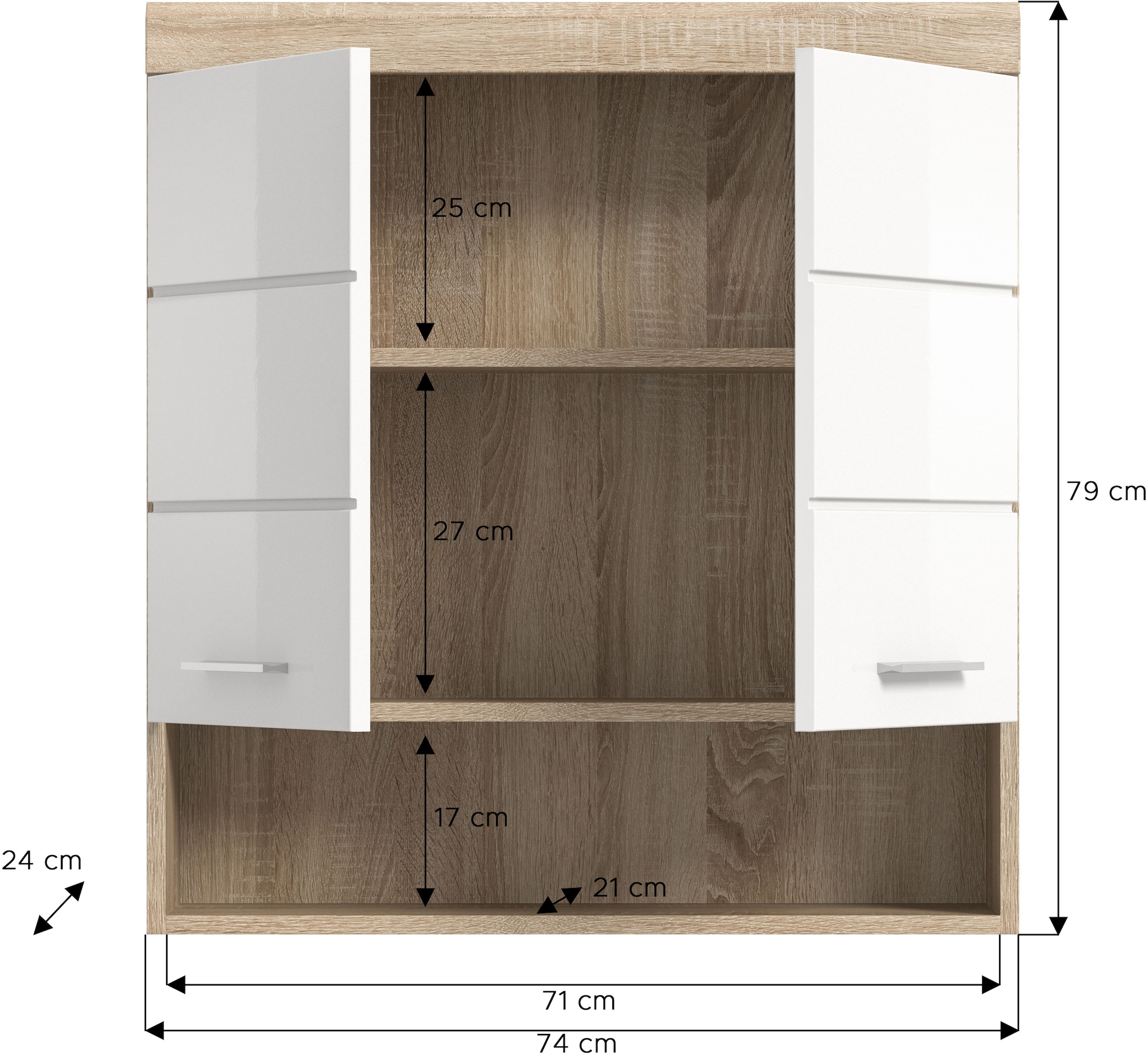 INOSIGN Hängeschrank »Siena, Breite 74cm, 2 Türen, 1 offenes Fächer, MDF-Front«, in verschiedenen Farben erhältlich, Badmöbel, Badschrank, Schrank, Bad