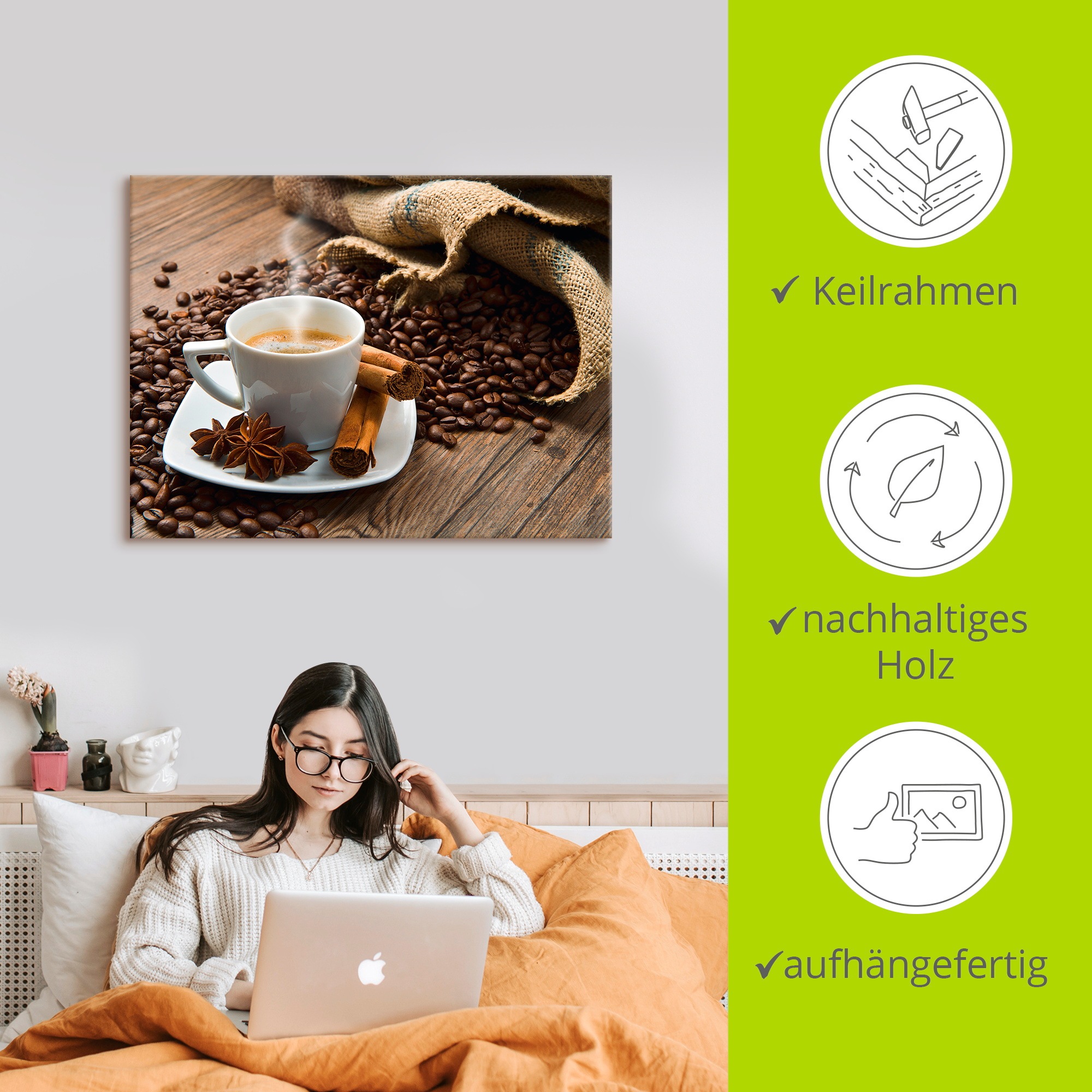 Artland Wandbild »Kaffeetasse Leinensack mit Kaffeebohnen«, Getränke, (1 St.), als Leinwandbild, Poster in verschied. Größen
