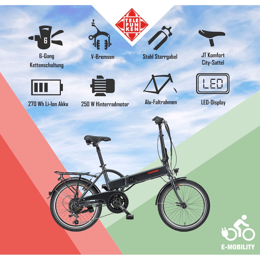 Telefunken E-Bike »Kompakt F820«, 6 Gang, Shimano, Tourney, Heckmotor 250 W