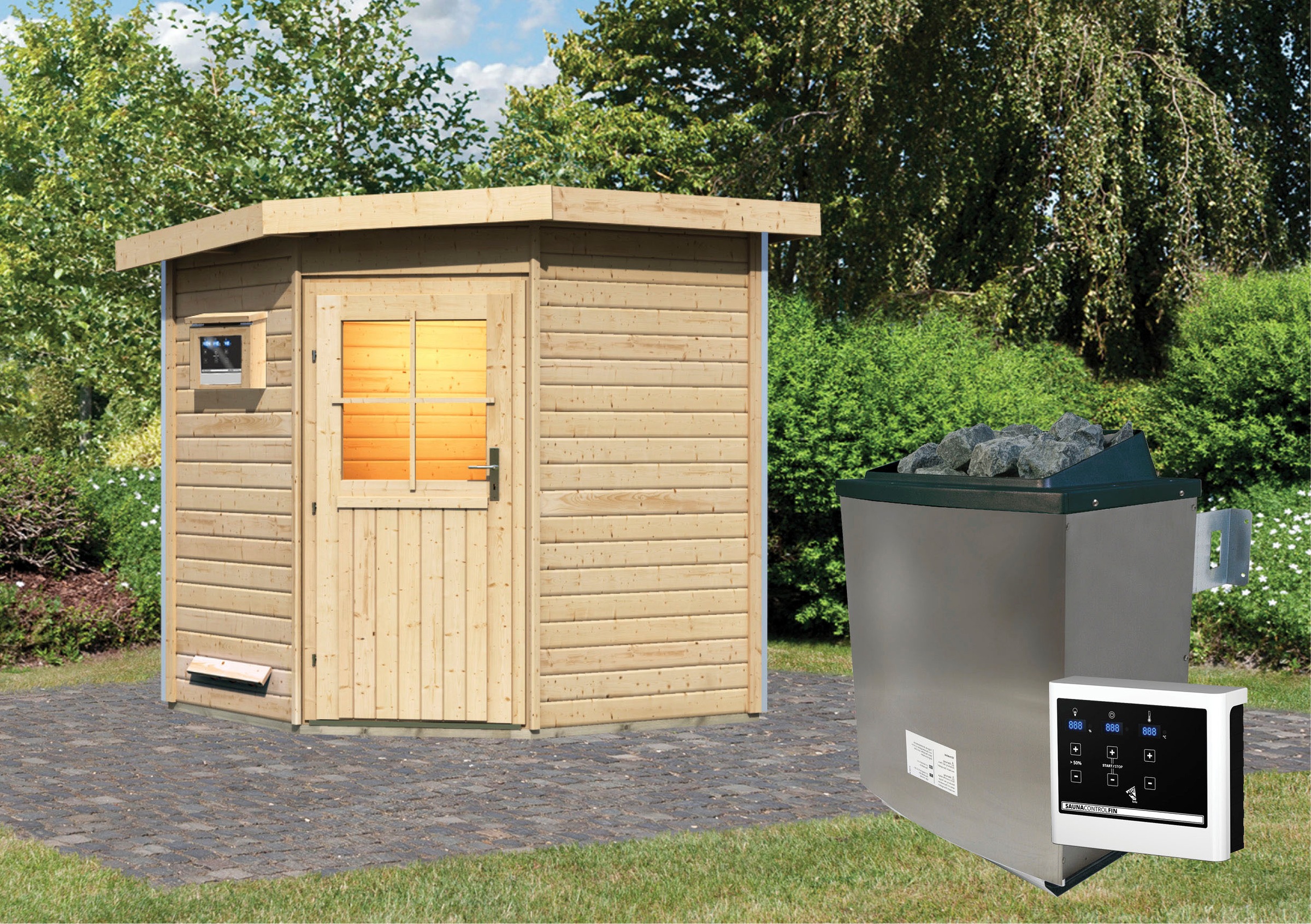 Karibu Saunahaus »Fiete«, klassiche Tür, Ofen 9 KW externe Strg easy