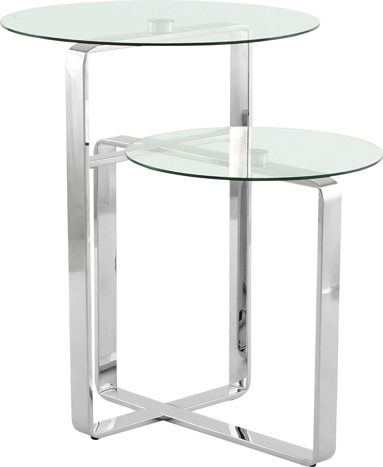 Beistelltisch KAYOOM "Katris, Ausgefallenes Gestell aus stabilem Edelstahl", silber, B:59cm H:60cm T:59cm, Tischplatte: 100% Glas / Gestell: Edelstahl, Tische, Beistelltisch, ausgefallenes Gestelldesign aus Edelstahl, zwei Ablageflächen 2
