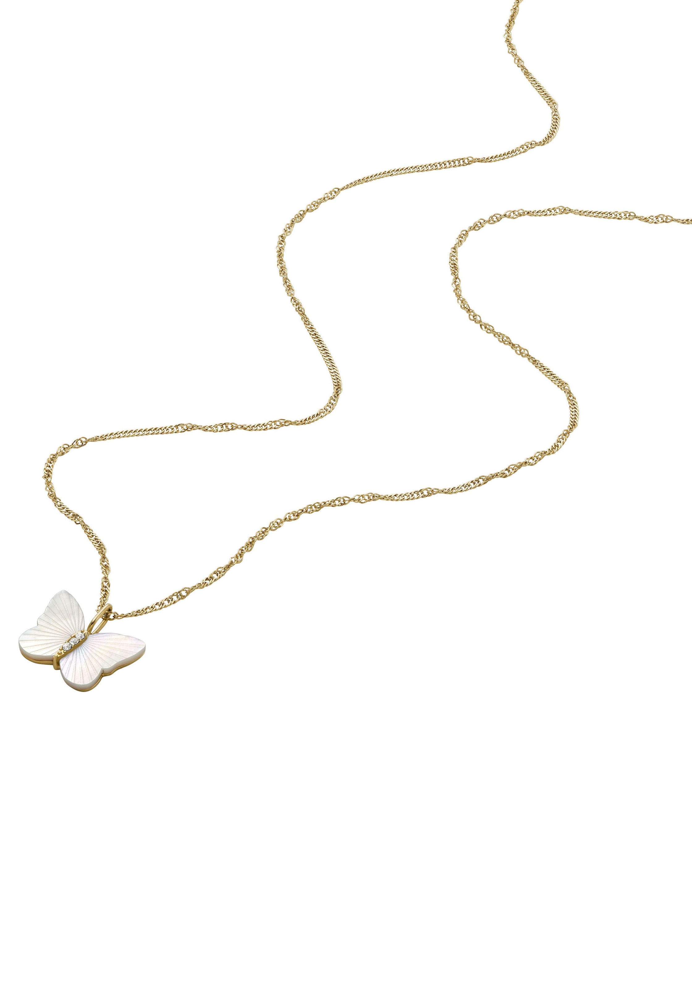 Kette mit Anhänger FOSSIL "Schmuck Geschenk Edelstahl Halskette JEWELRY Schmetterling", weiß (gelbgoldfarben, kristallweiß, perlmuttfarben), Halsketten, Damen, Edelstahl, L: 46,5, mit Zirkonia (synth.) - mit Perlmutt 3