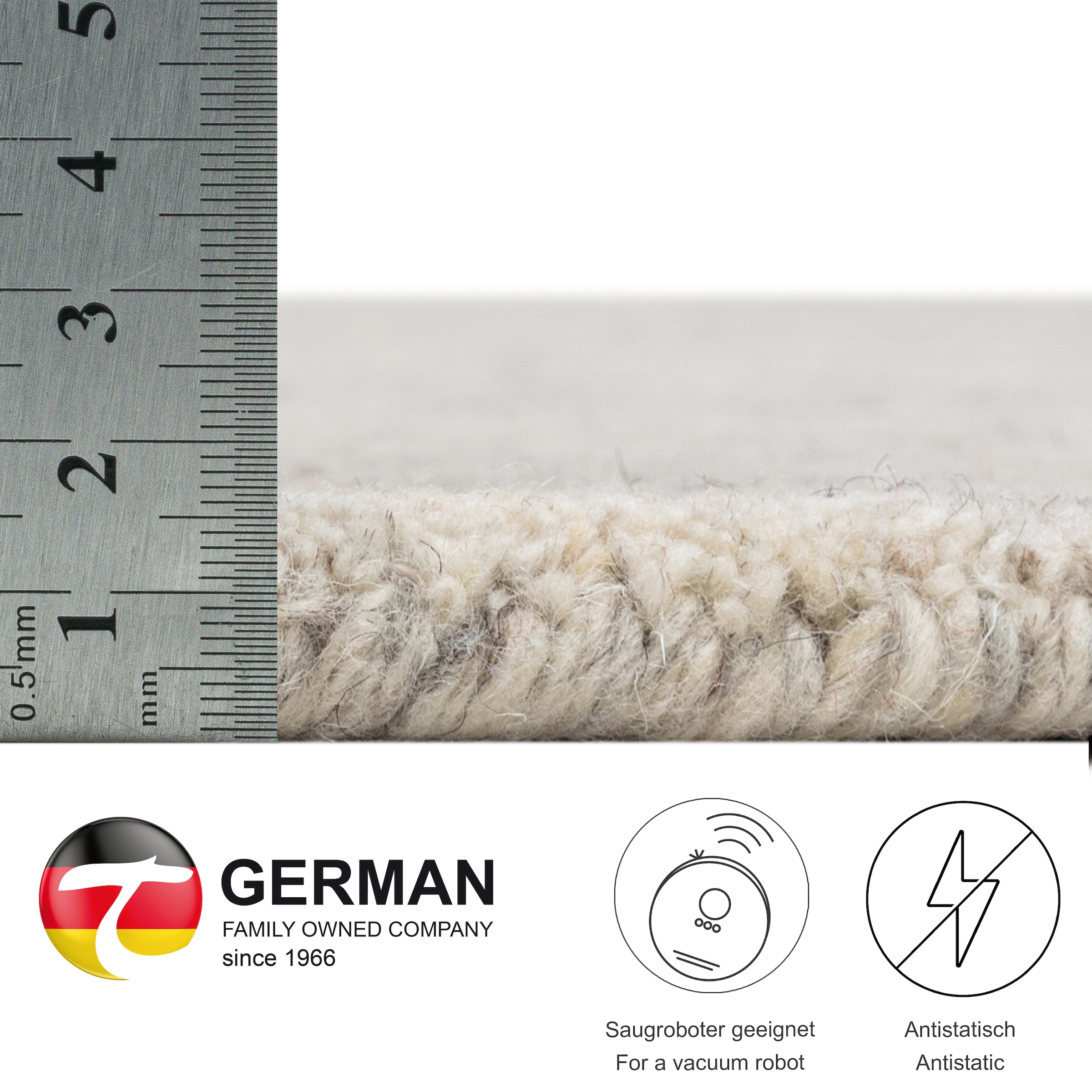 THEKO Wollteppich »Pure UNI«, rund, 14 mm Höhe, Handwebteppich, meliert, reine Wolle, handgewebt