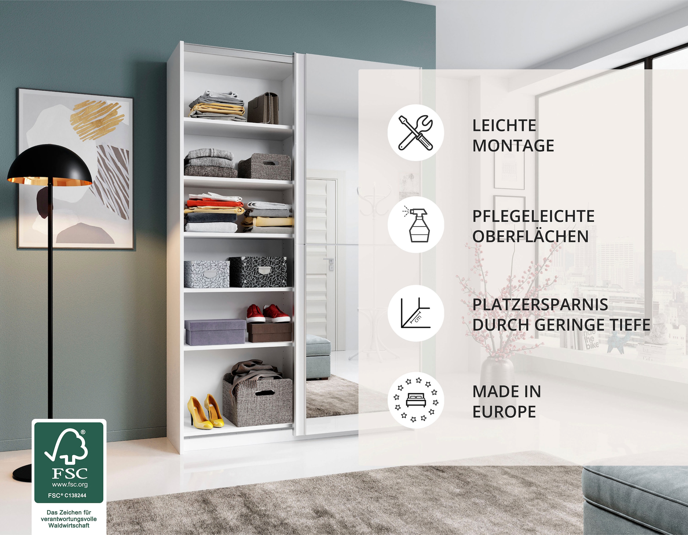 Schlafkontor Schwebetürenschrank »Heimo/Fast Schrank Kleiderschrank Garderobe« geringe Tiefe, ausziehbarer Kleiderstange, Garderobenschrank, 6 Böden